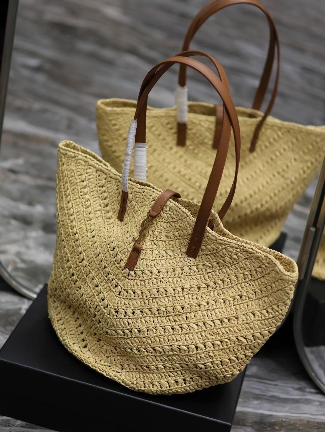 YSL MEDIUM 44CM PANIER BEIGE RAFFIA TOTE BAG