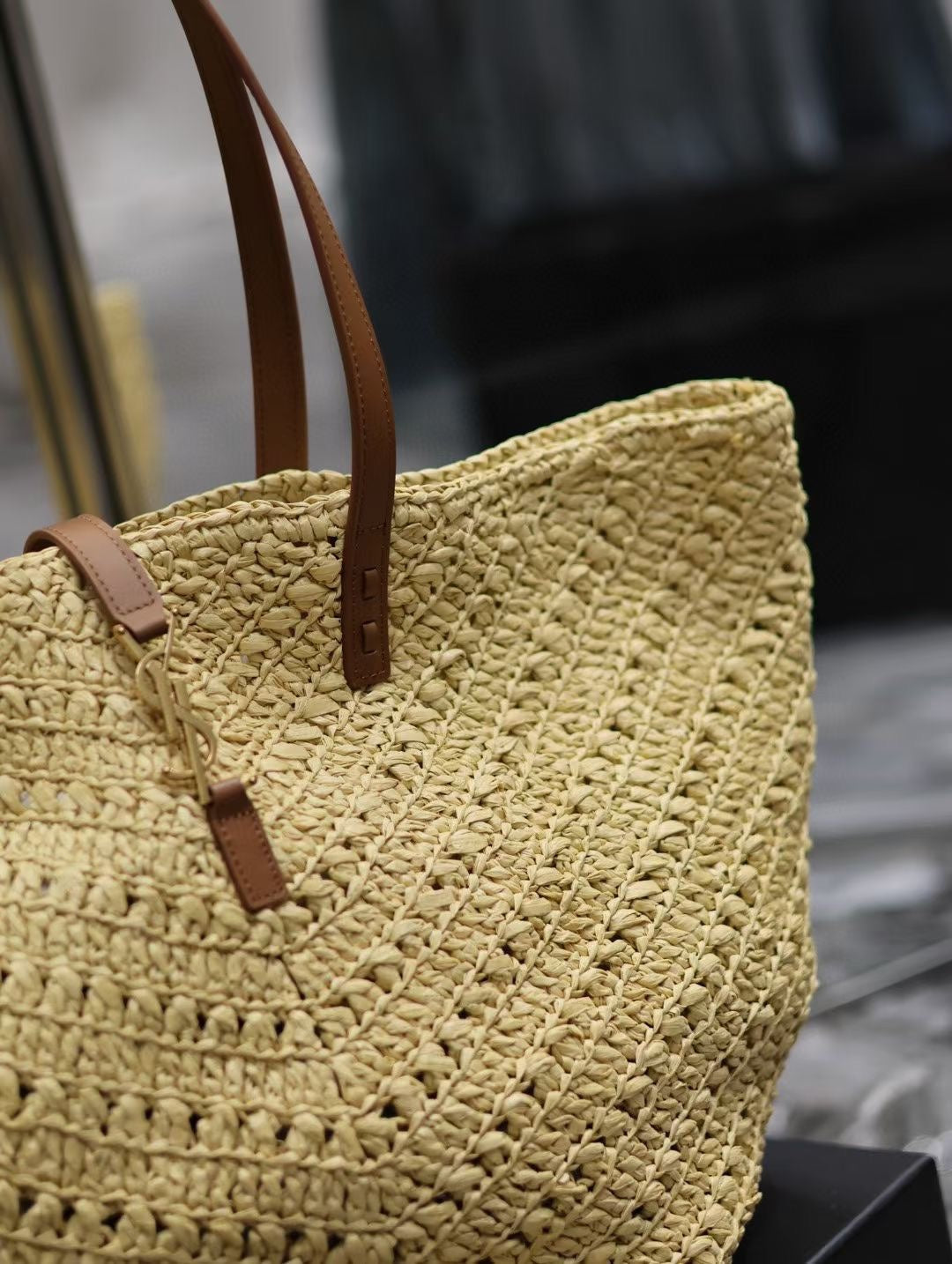 YSL MEDIUM 44CM PANIER BEIGE RAFFIA TOTE BAG