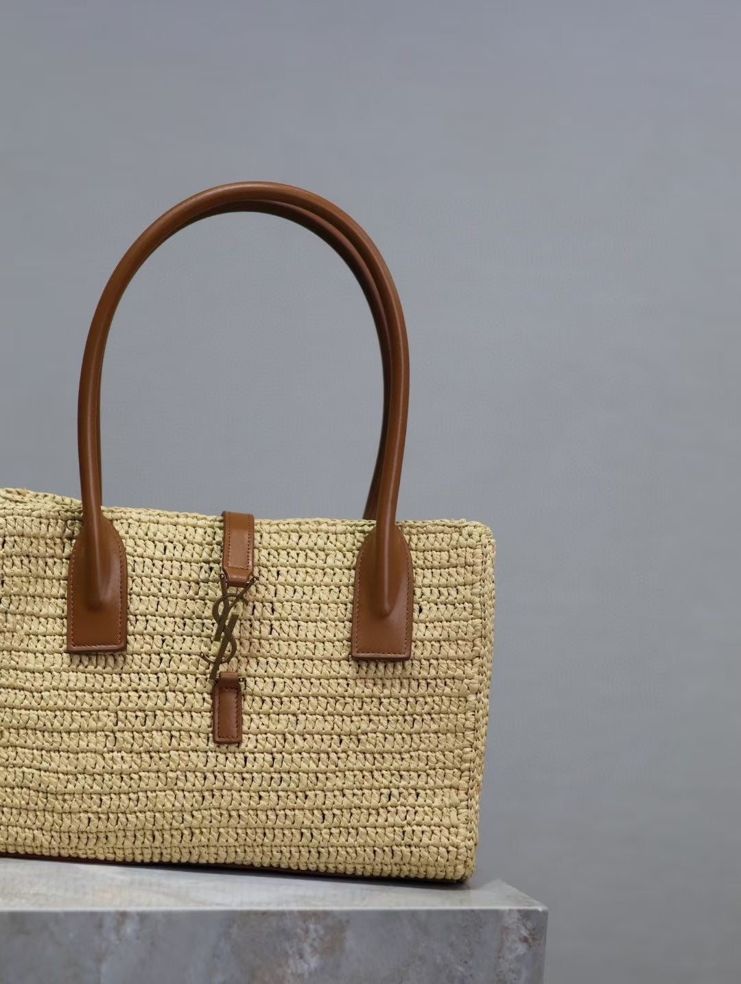 YSL TOTE BAG 29CM PANIER LEATHER TRIMMED RAFFIA