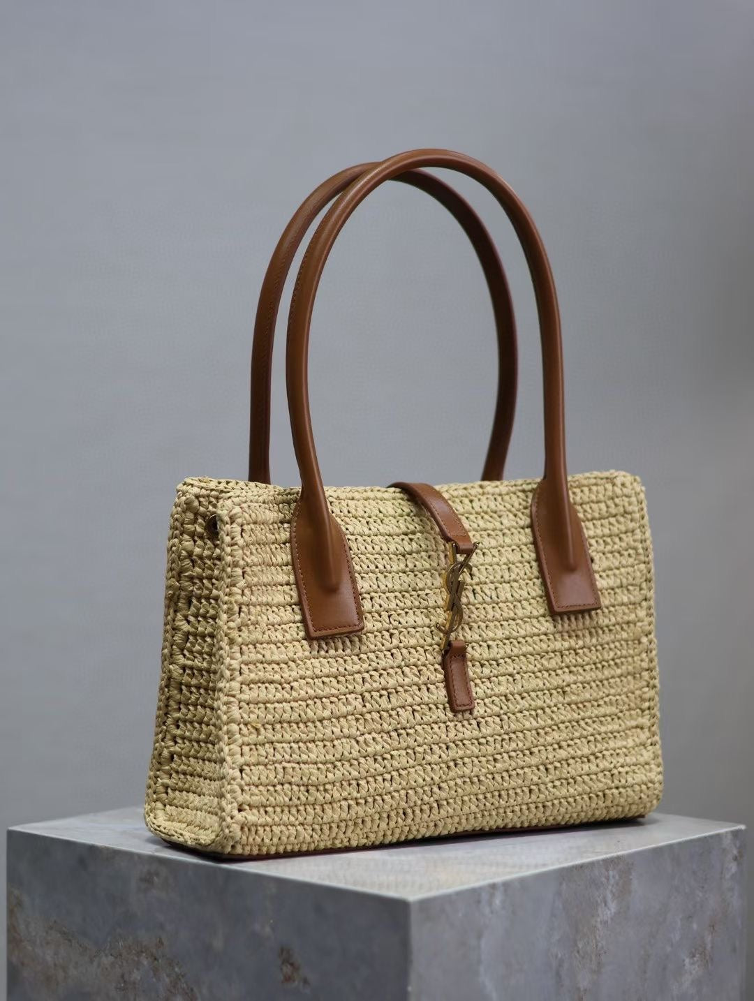 YSL TOTE BAG 29CM PANIER LEATHER TRIMMED RAFFIA