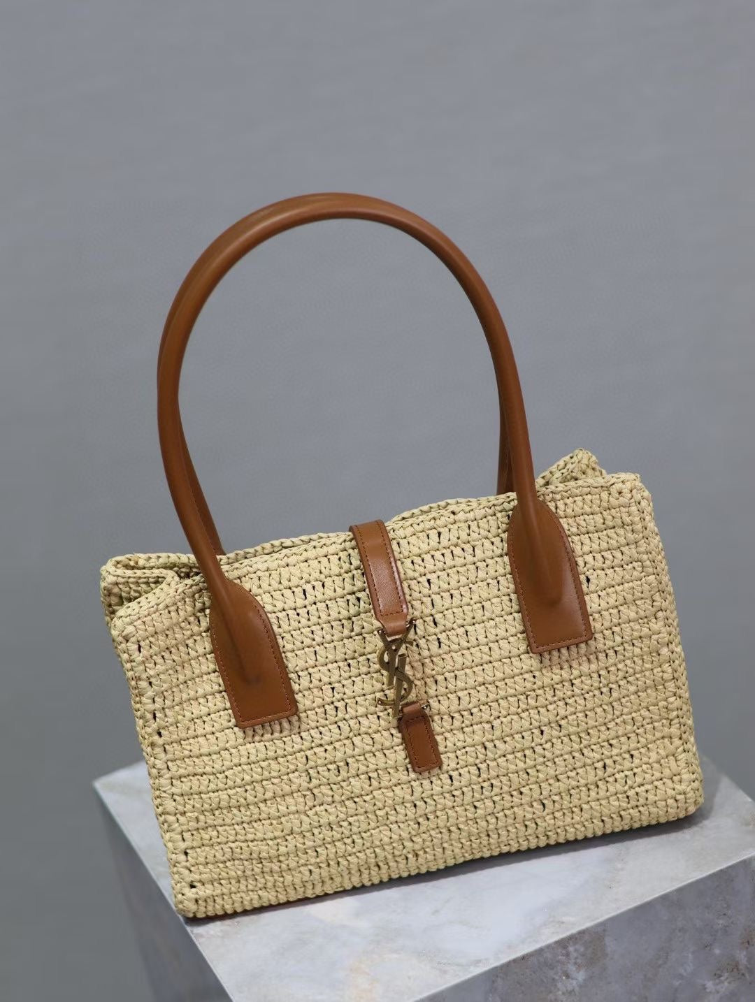 YSL TOTE BAG 29CM PANIER LEATHER TRIMMED RAFFIA