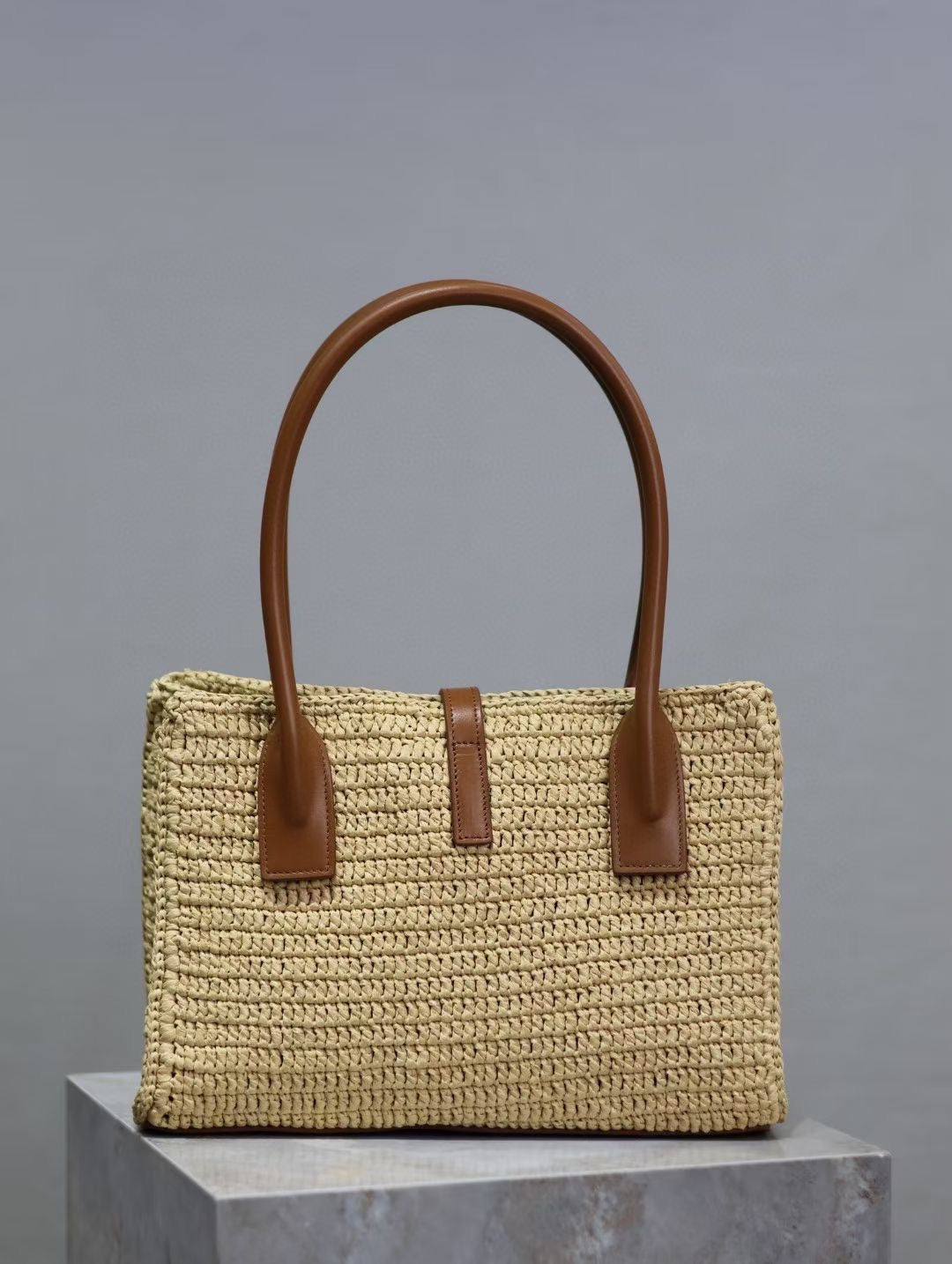 YSL TOTE BAG 29CM PANIER LEATHER TRIMMED RAFFIA