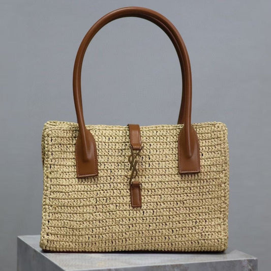 YSL TOTE BAG 29CM PANIER LEATHER TRIMMED RAFFIA