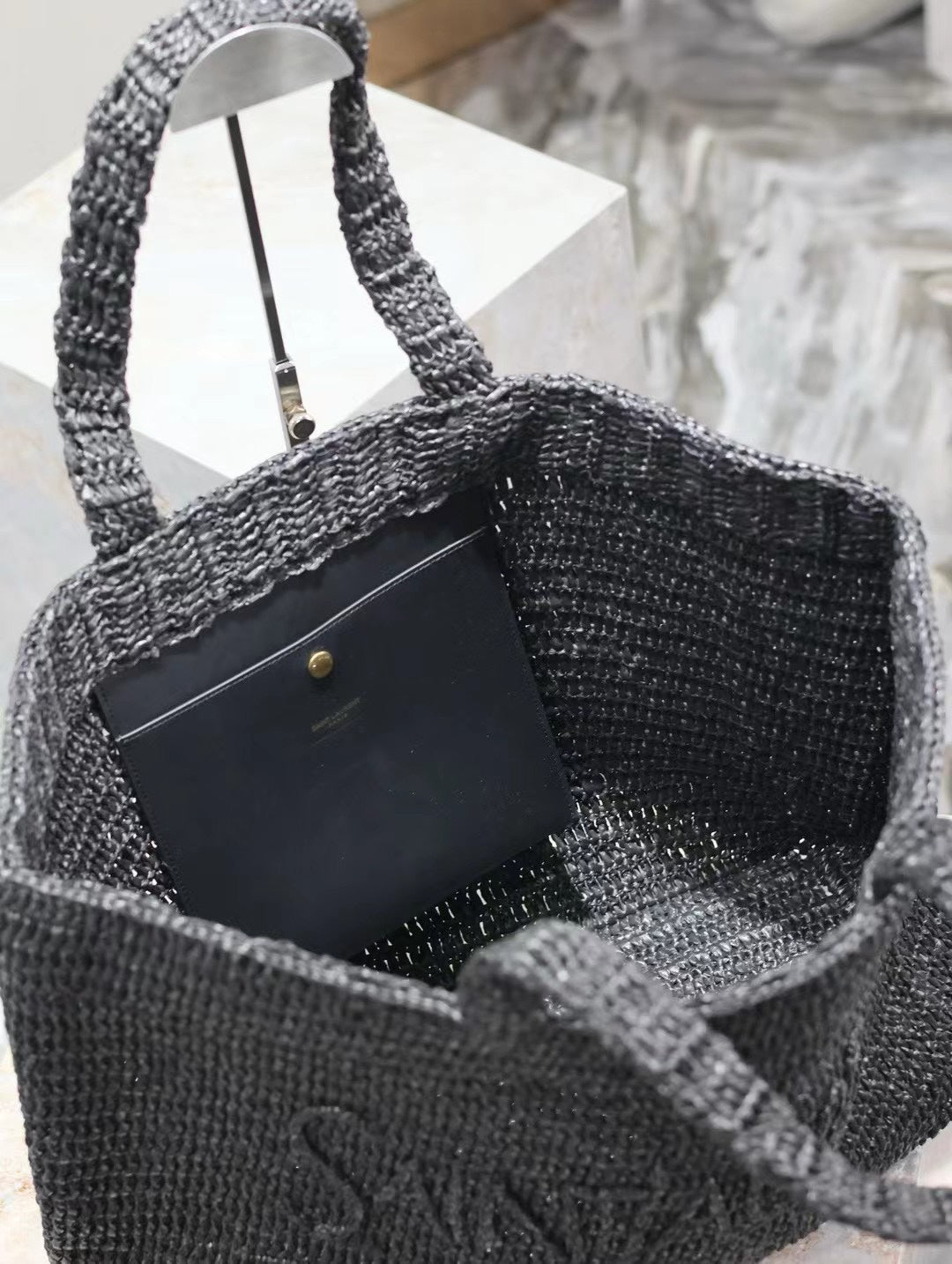 YSL TOTE BAG 50CM BLACK RAFFIA