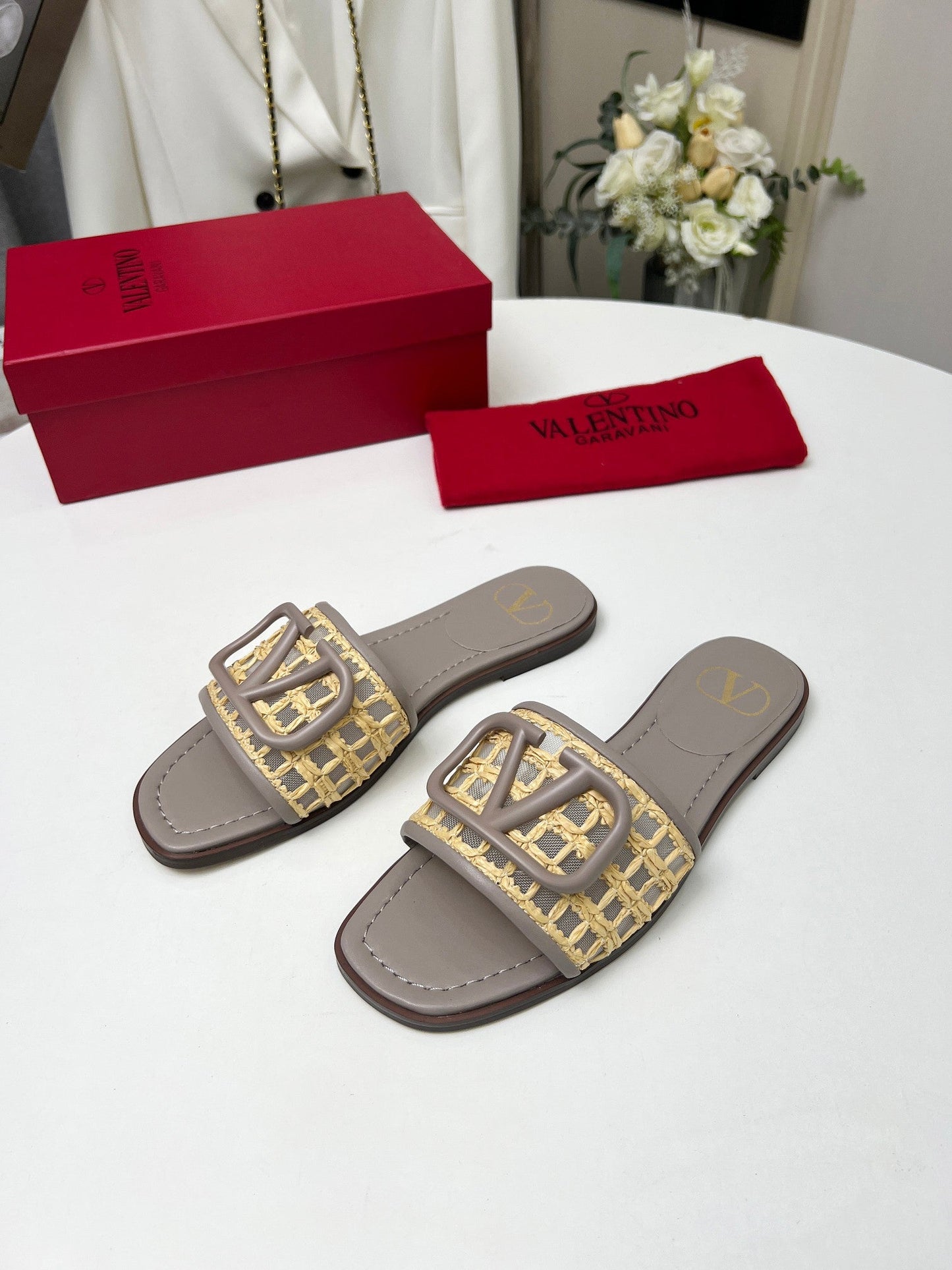 Vlogo embellished leather-trimmed raffia slides grey