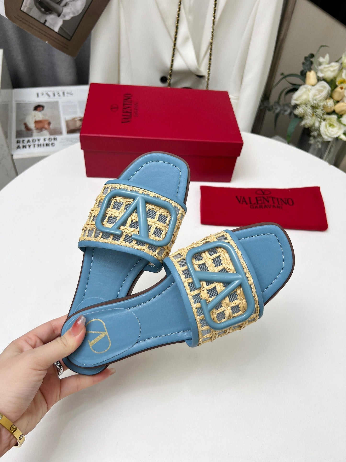 Vlogo embellished leather-trimmed raffia slides baby blue