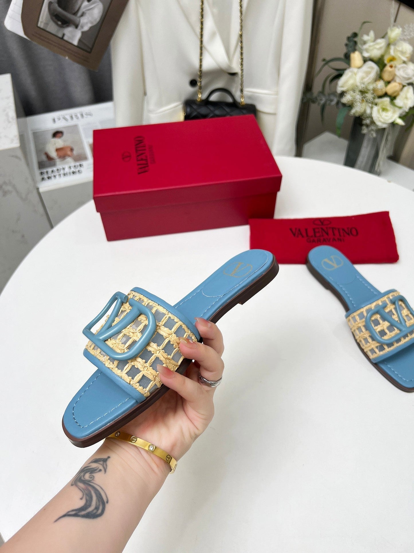 Vlogo embellished leather-trimmed raffia slides baby blue