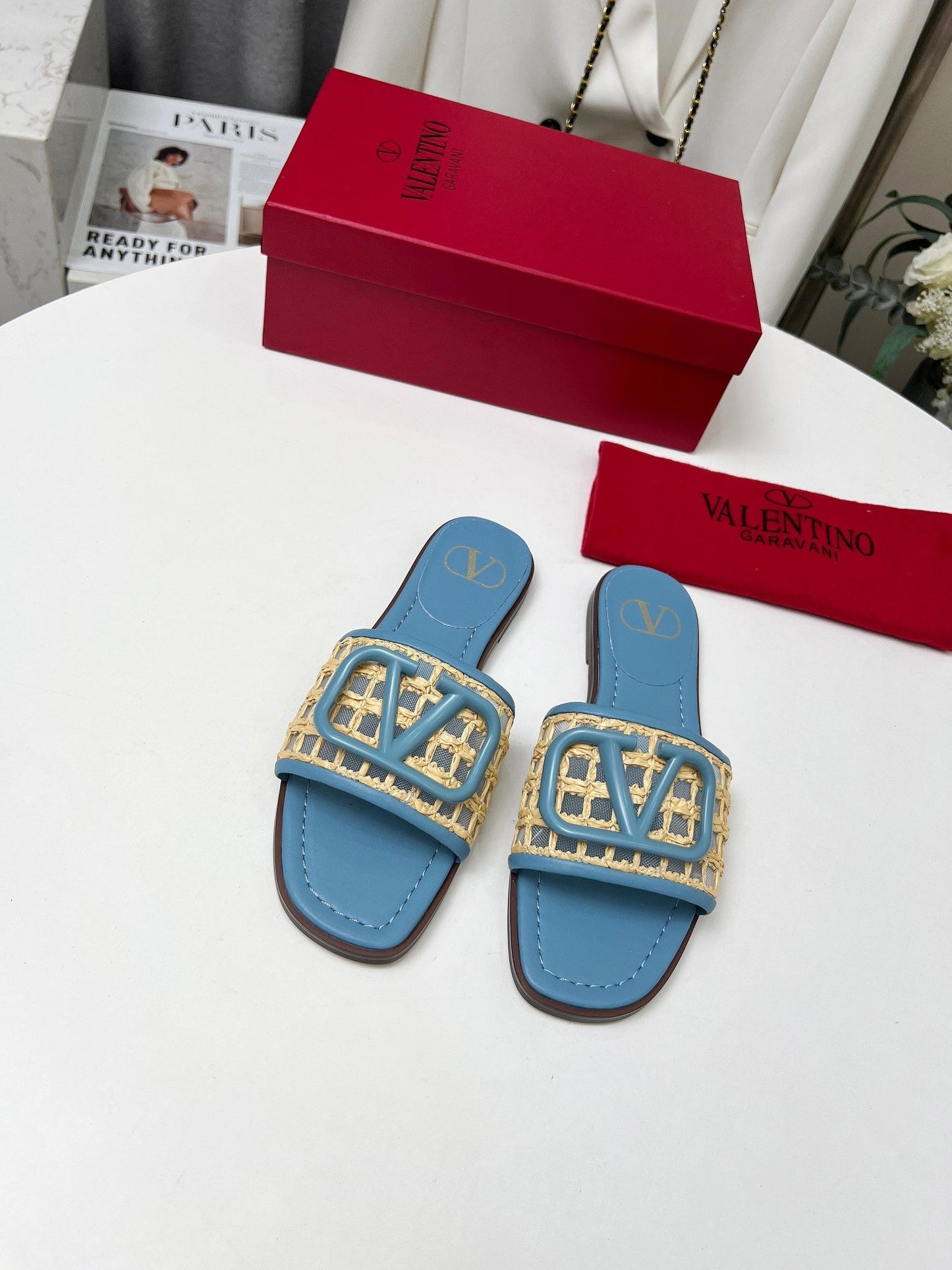 Vlogo embellished leather-trimmed raffia slides baby blue