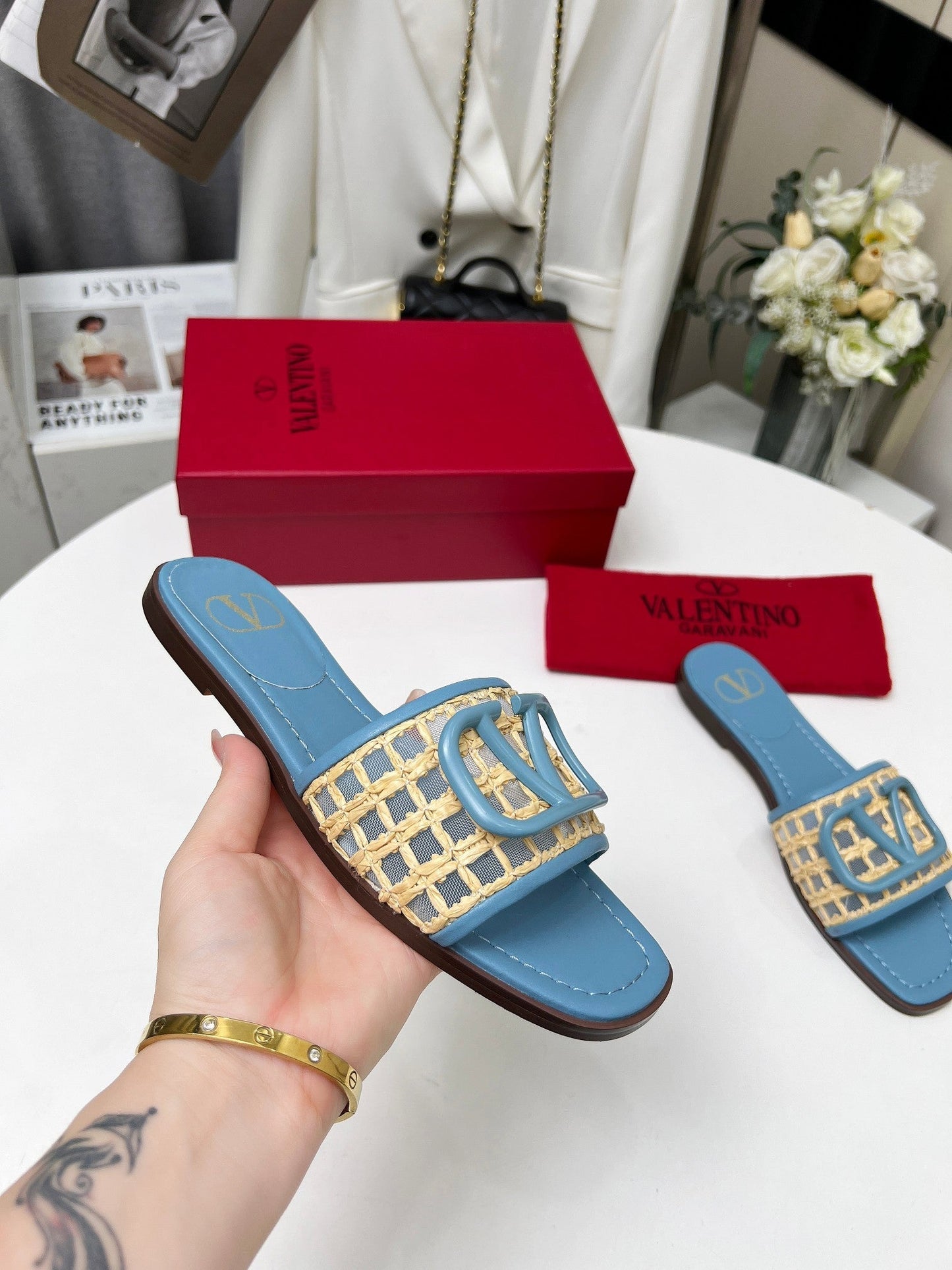 Vlogo embellished leather-trimmed raffia slides baby blue