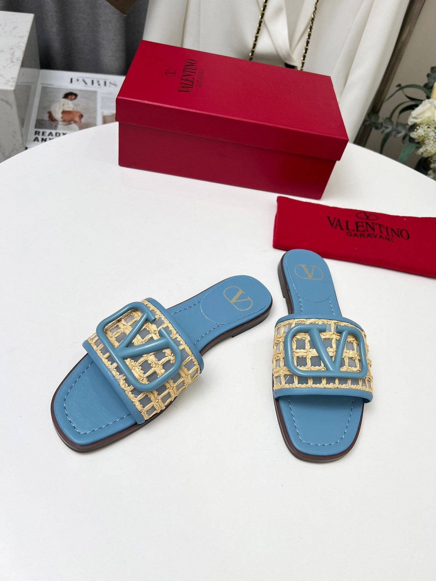 Vlogo embellished leather-trimmed raffia slides baby blue