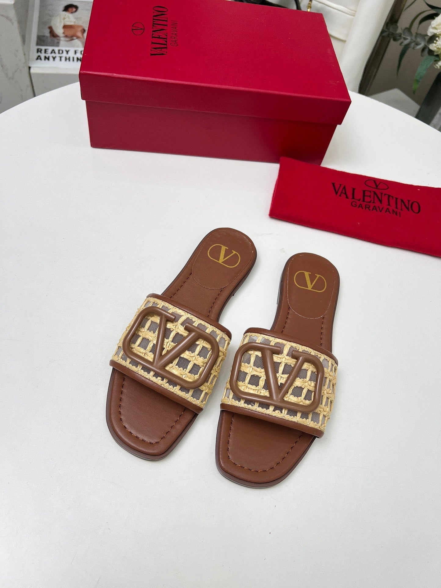 Vlogo embellished leather-trimmed raffia slides tan