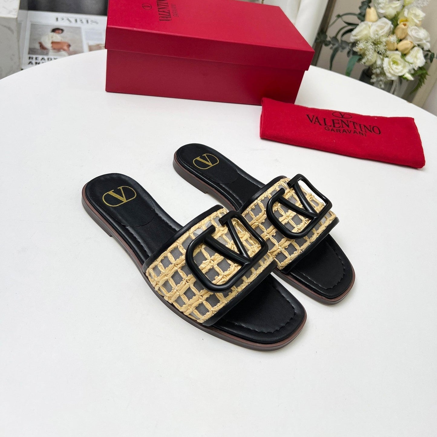 Vlogo embellished leather-trimmed raffia slides black