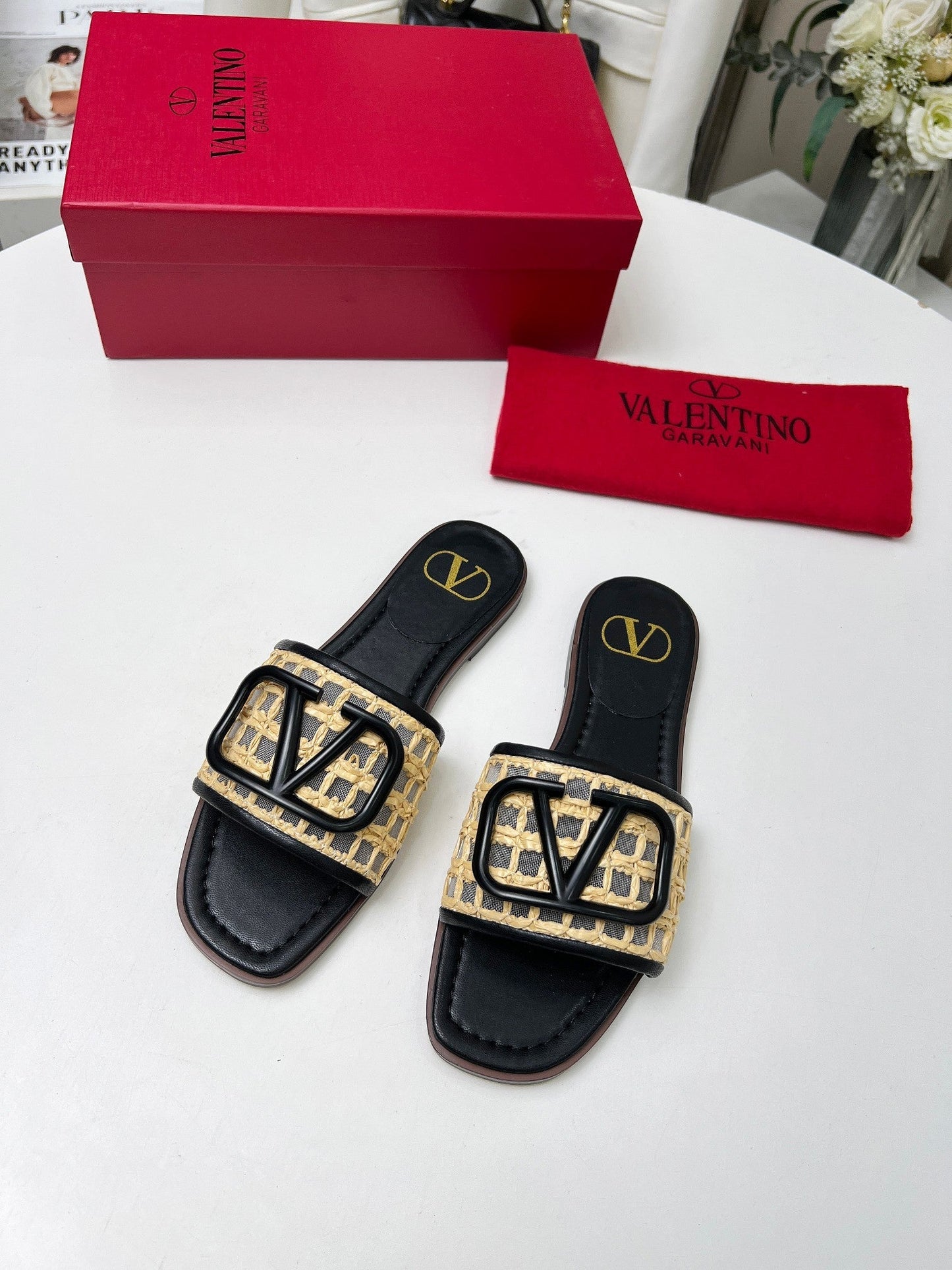 Vlogo embellished leather-trimmed raffia slides black