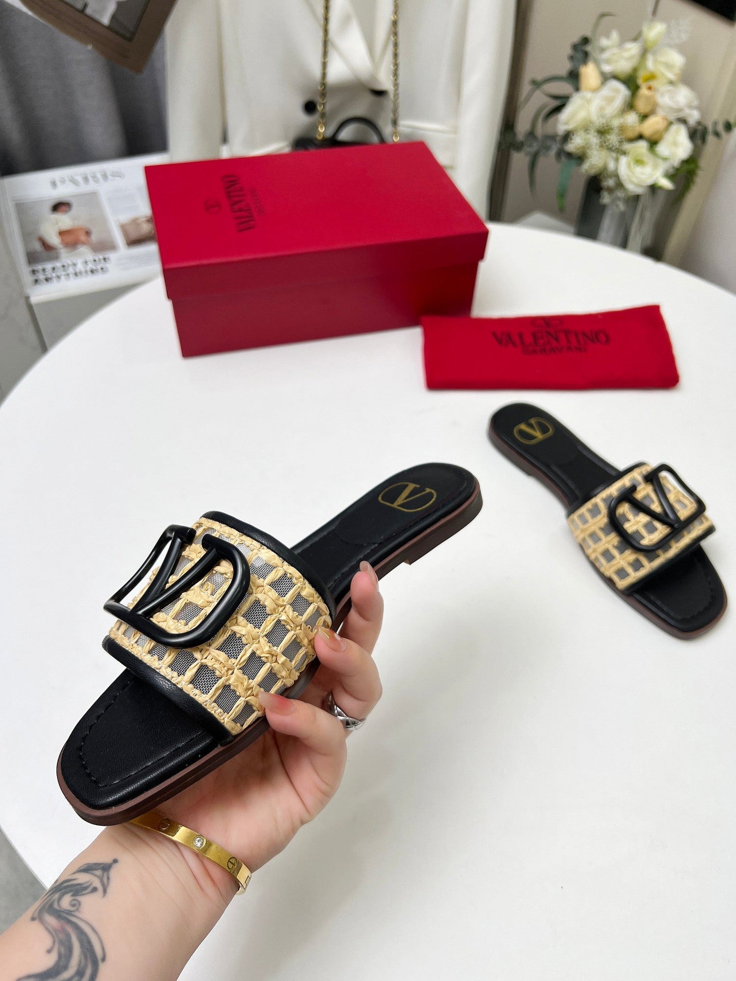 Vlogo embellished leather-trimmed raffia slides black