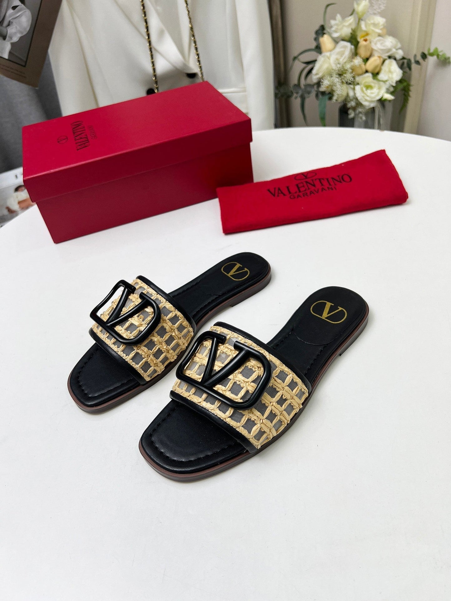 Vlogo embellished leather-trimmed raffia slides black