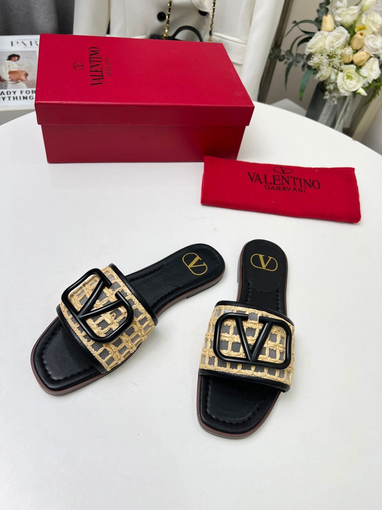 Vlogo embellished leather-trimmed raffia slides black