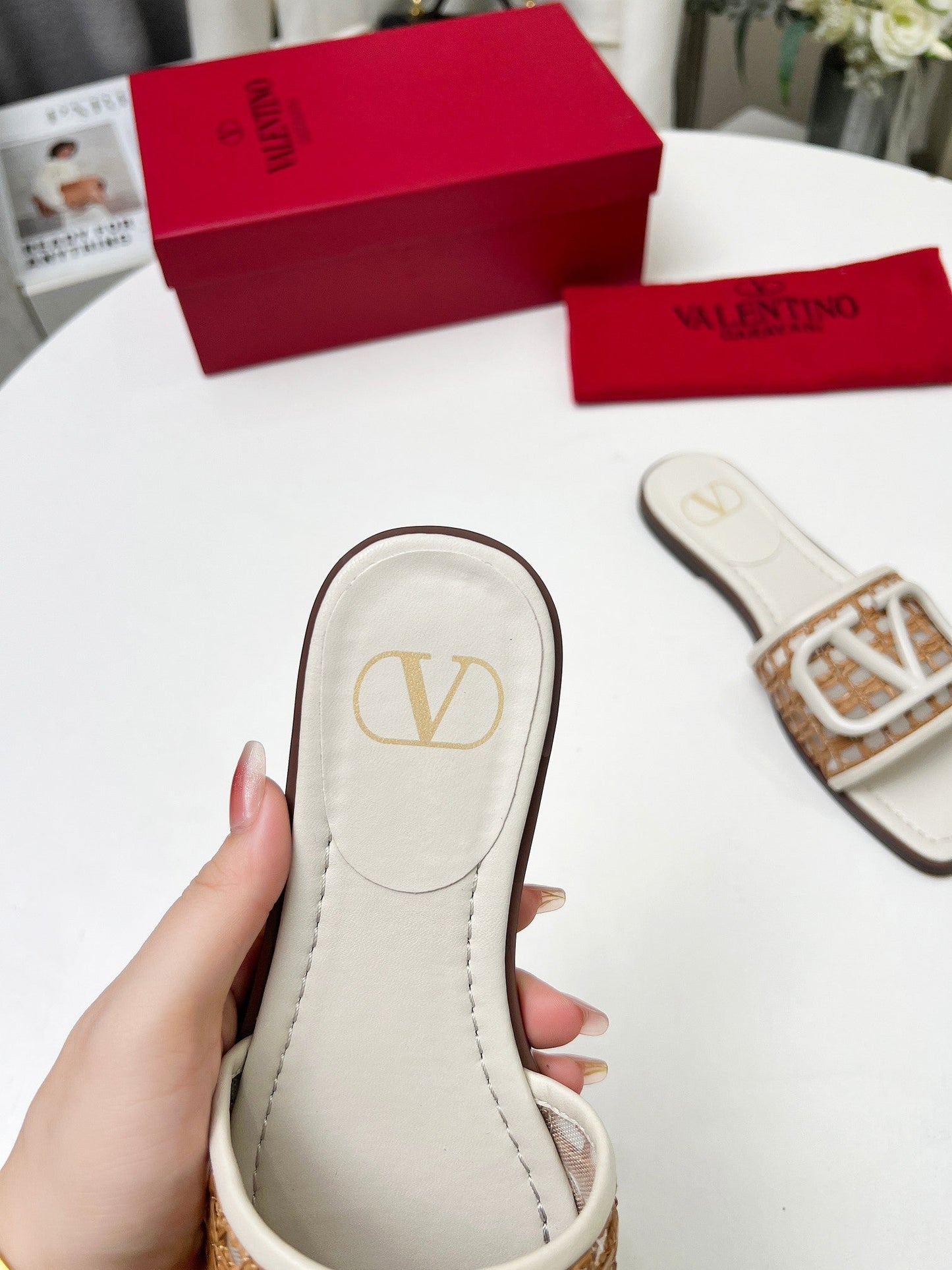 Vlogo embellished leather-trimmed raffia slides ivory