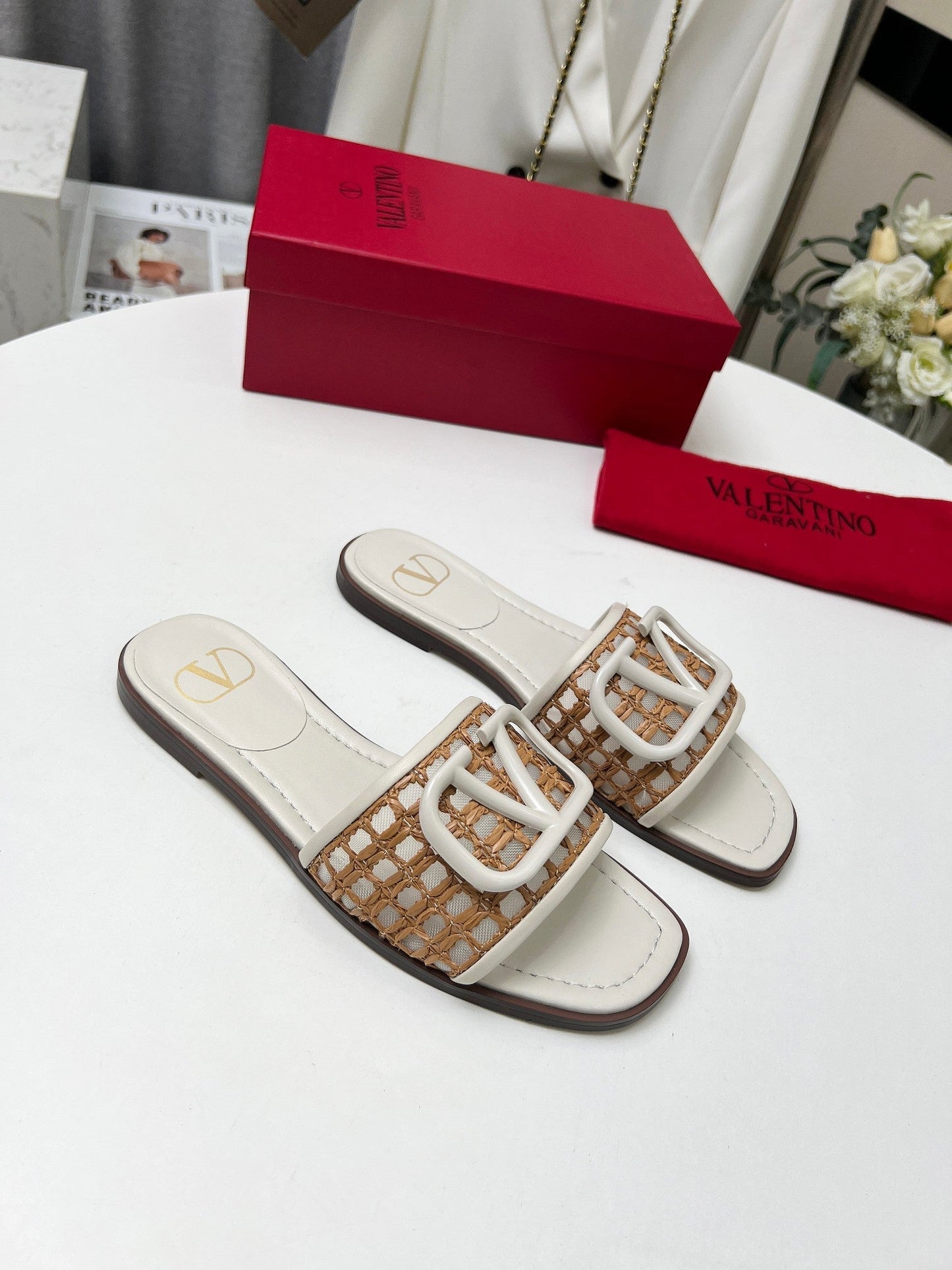 Vlogo embellished leather-trimmed raffia slides ivory