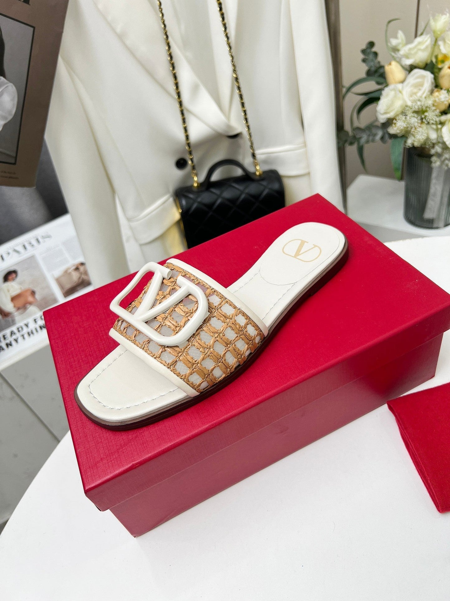 Vlogo embellished leather-trimmed raffia slides ivory