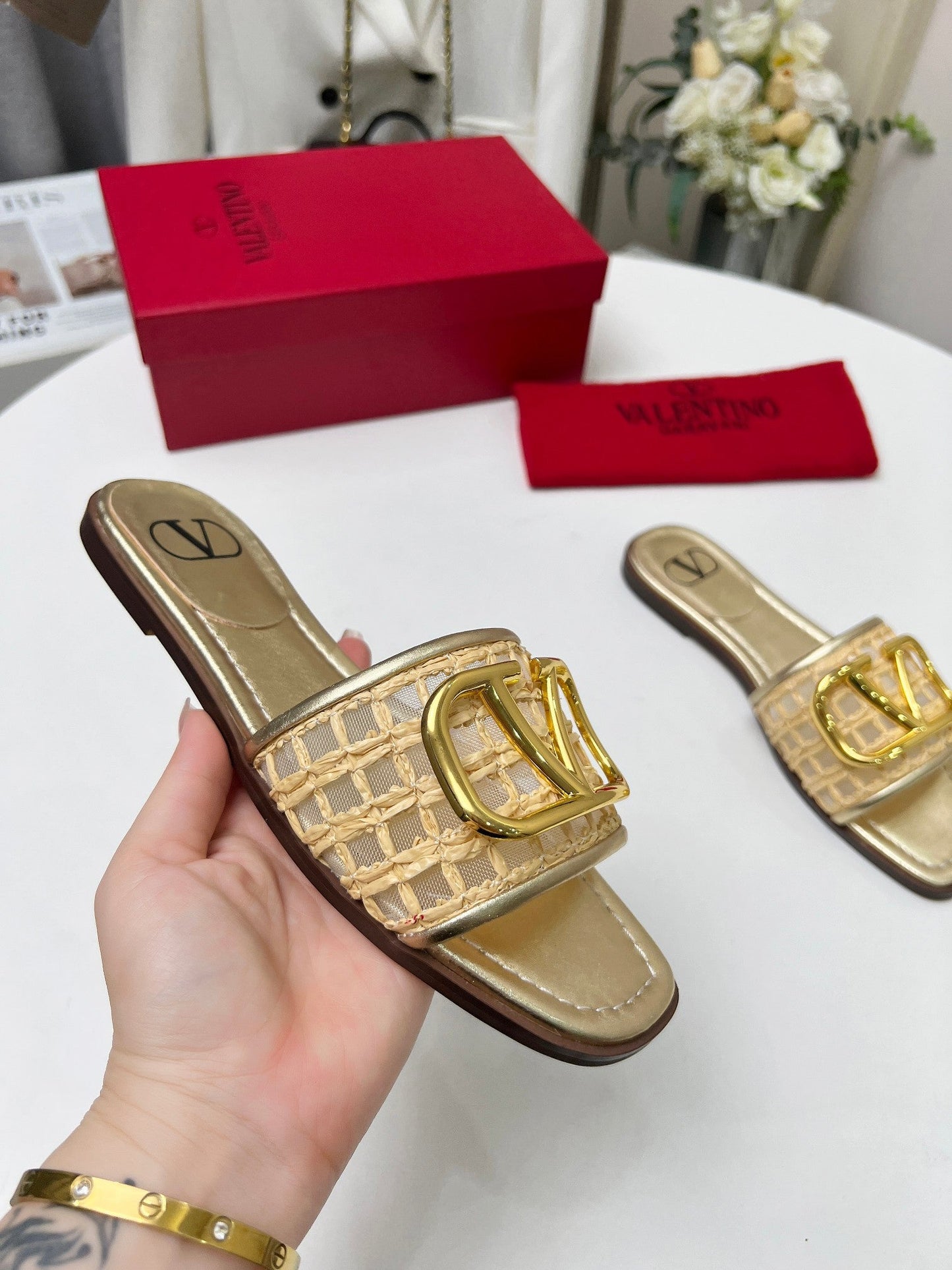 Vlogo embellished leather-trimmed raffia slides gold