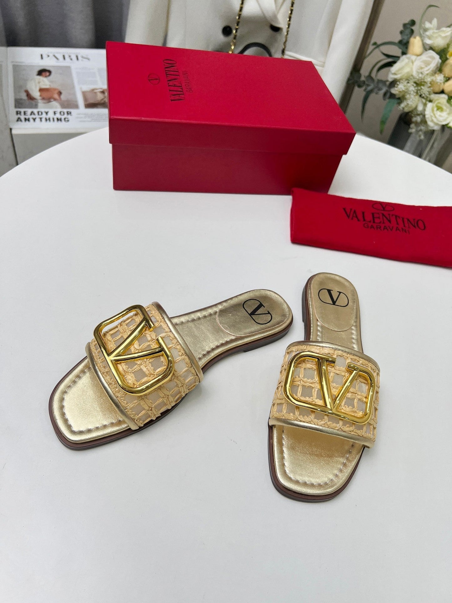 Vlogo embellished leather-trimmed raffia slides gold