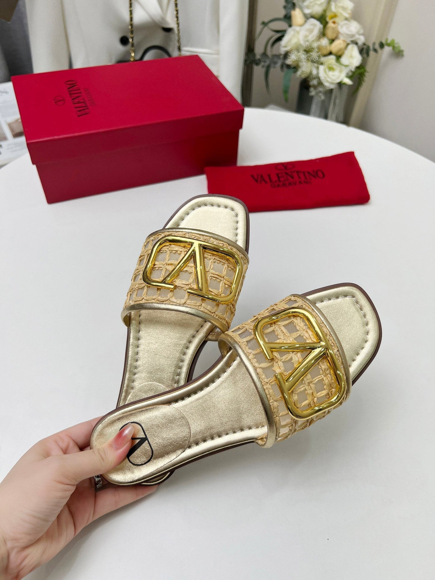 Vlogo embellished leather-trimmed raffia slides gold