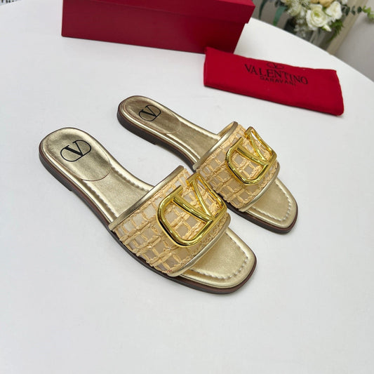 Vlogo embellished leather-trimmed raffia slides gold