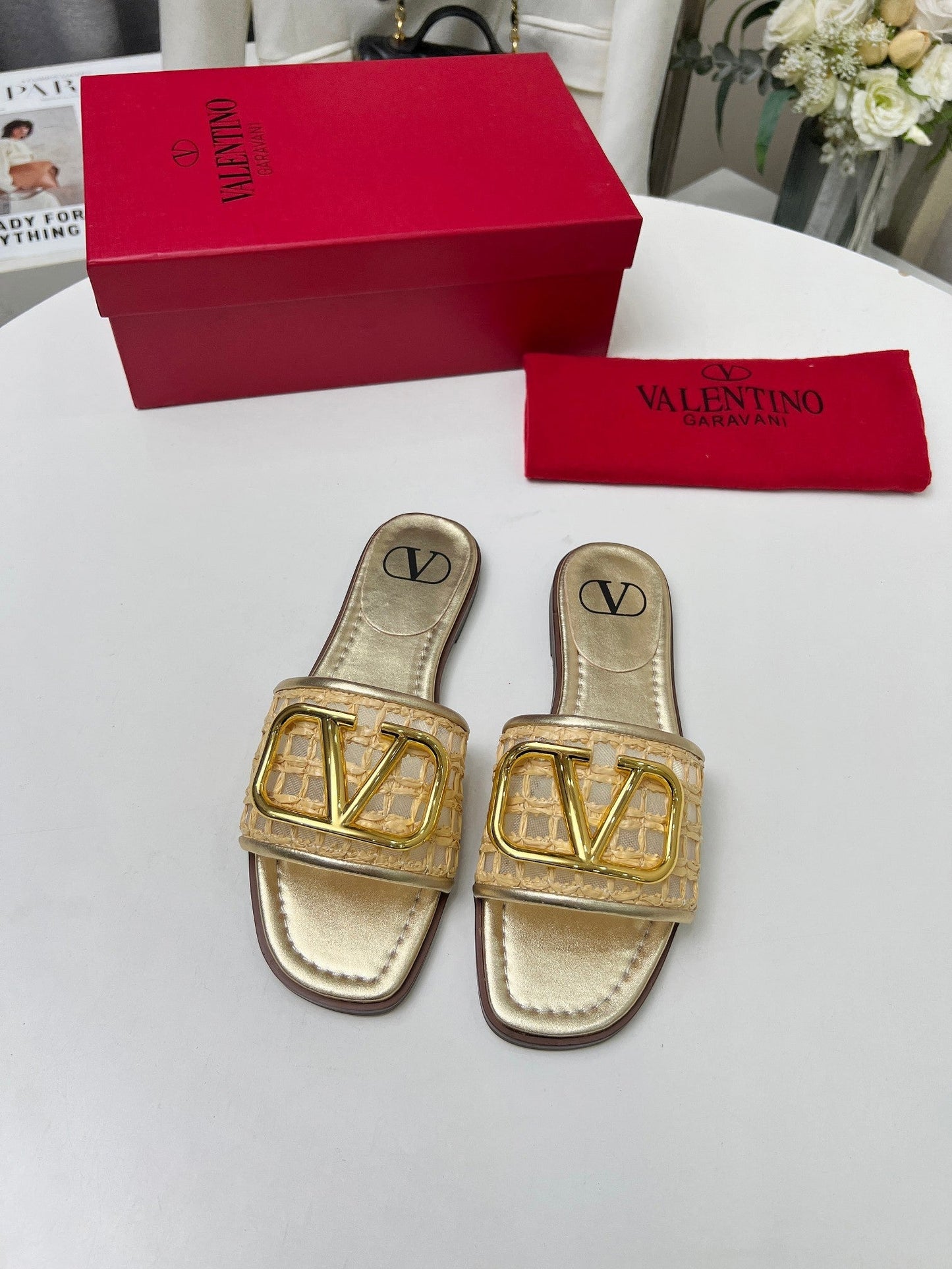 Vlogo embellished leather-trimmed raffia slides gold