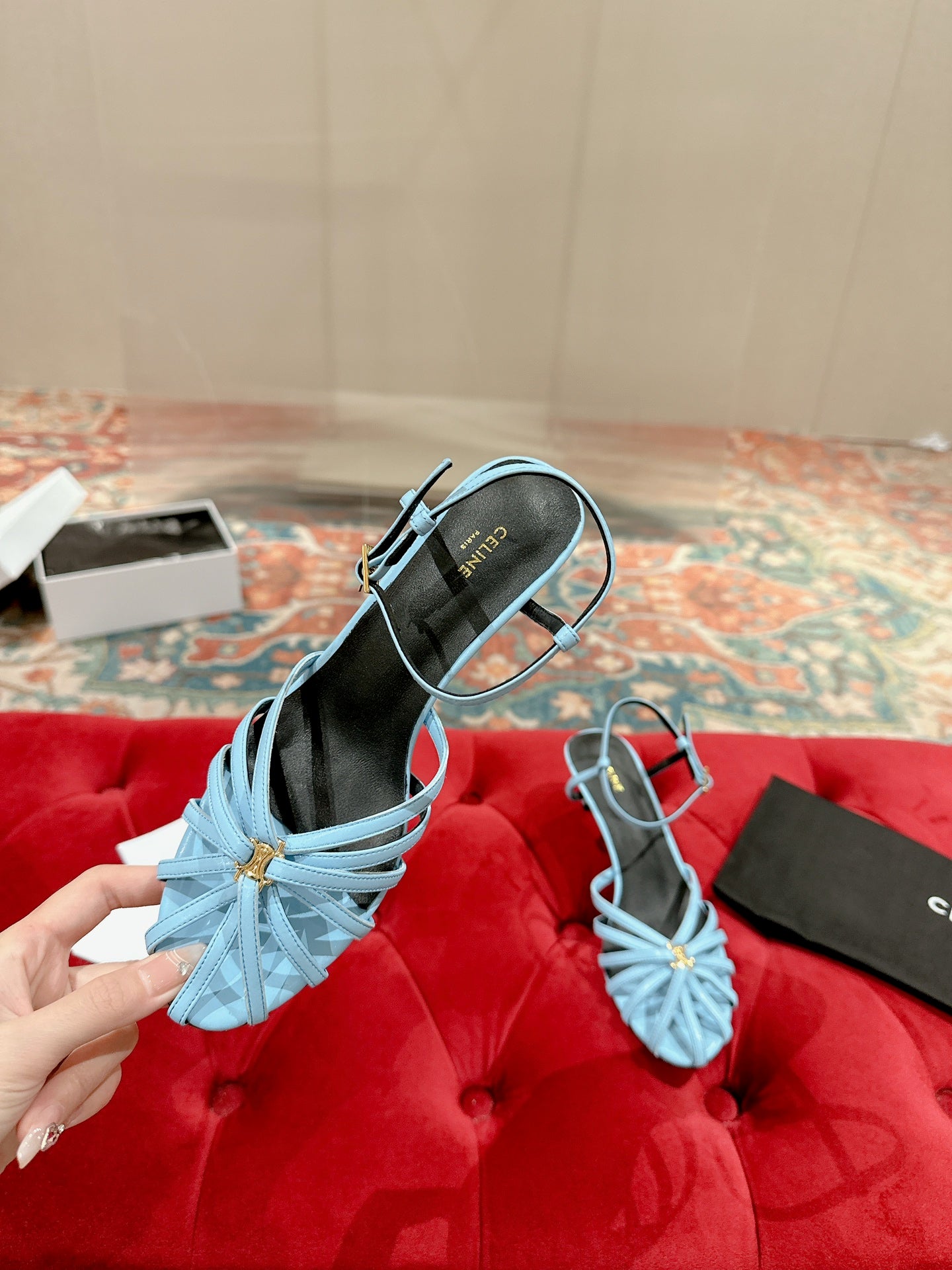 TRIOMPHE SANDAL 85 MM IN POWDER BLUE LAMBSKIN