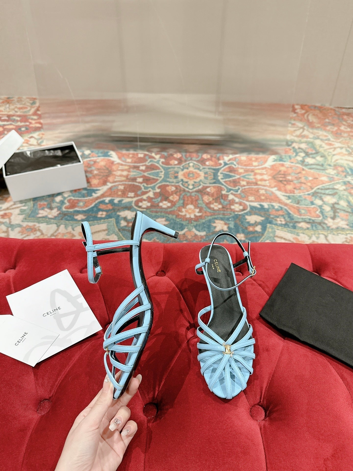 TRIOMPHE SANDAL 85 MM IN POWDER BLUE LAMBSKIN