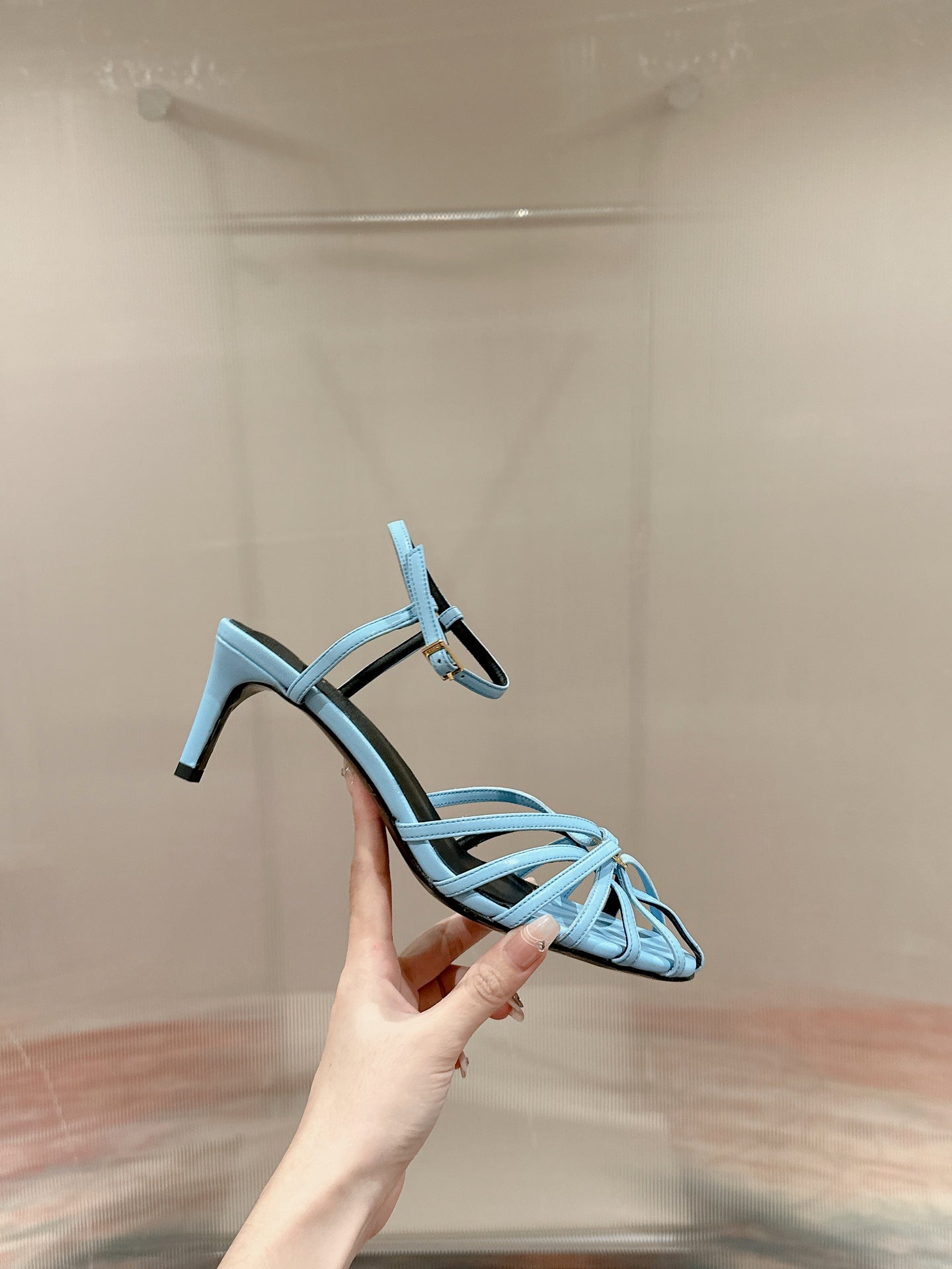 TRIOMPHE SANDAL 85 MM IN POWDER BLUE LAMBSKIN