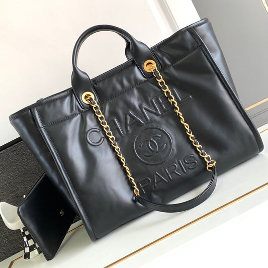 CC LARGE DEAUVILLE TOTE BAG 38CM BLACK CALFSKIN GHW