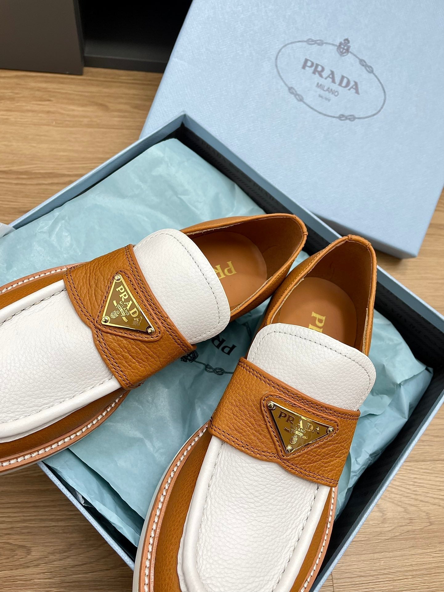 PRA CHOCOLATE BRUSHED LOAFERS WHITE AND BRONZE CALFSKIN