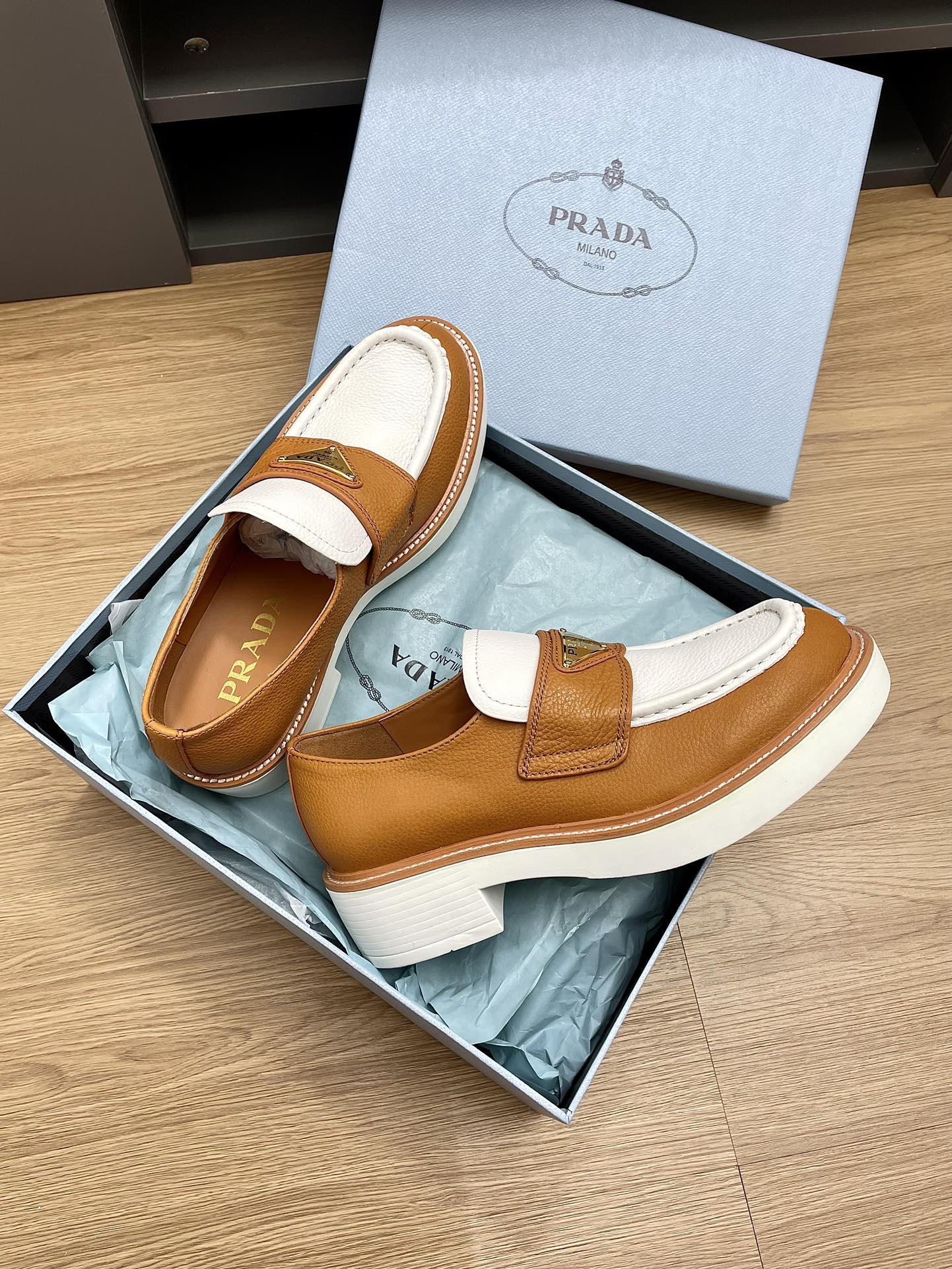 PRA CHOCOLATE BRUSHED LOAFERS WHITE AND BRONZE CALFSKIN