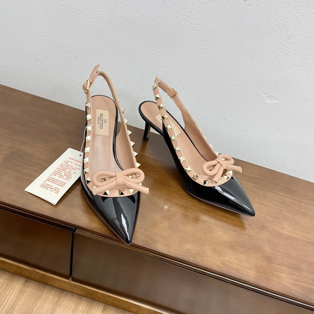 ROCKSTUD BOW SLINGBACK BLACK MIX NUDE TAN PATENT LEATHER PUMP 60MM