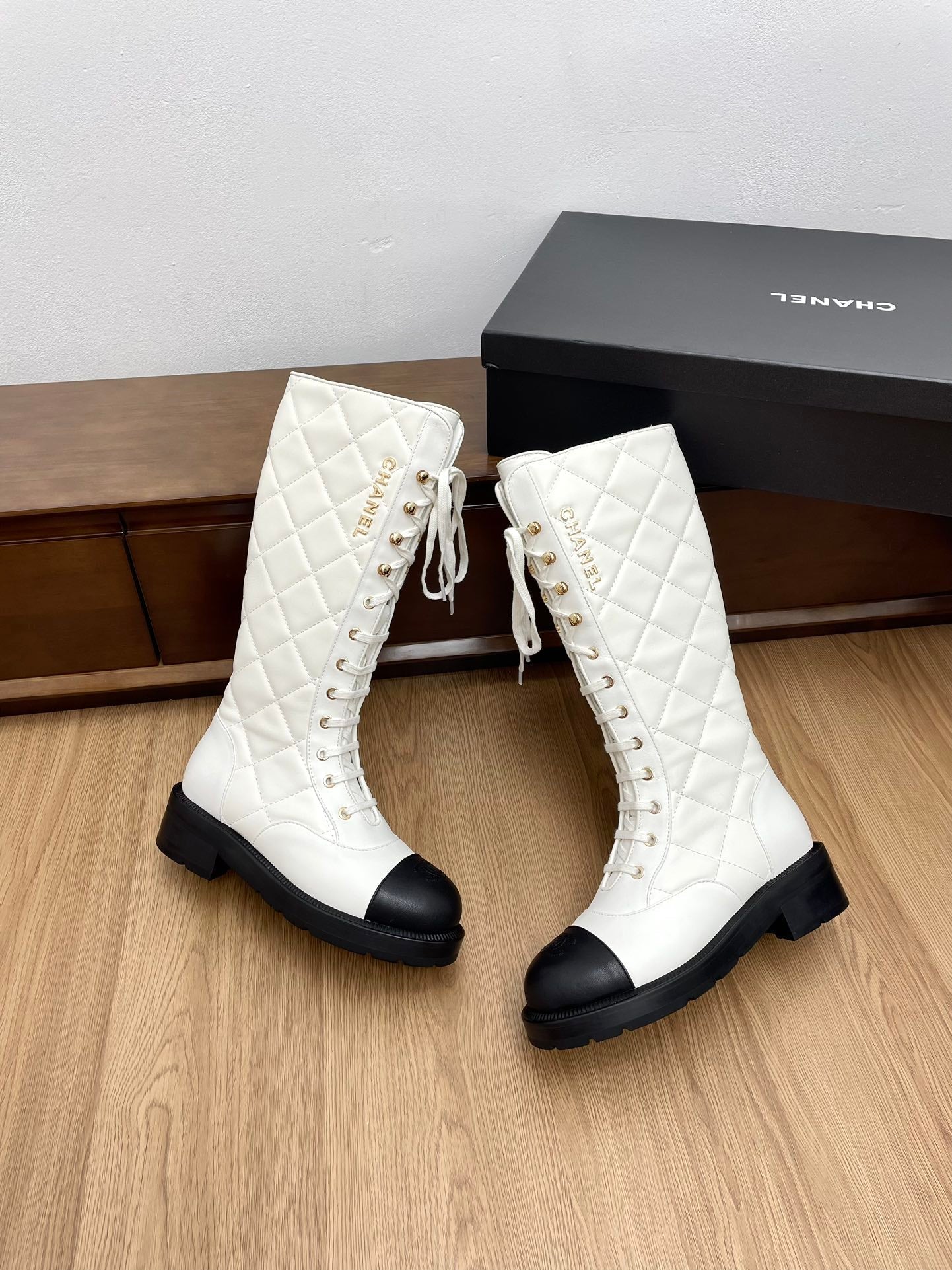 CC High Boots White Quilted Cowhide