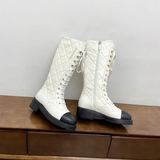 CC High Boots White Quilted Cowhide