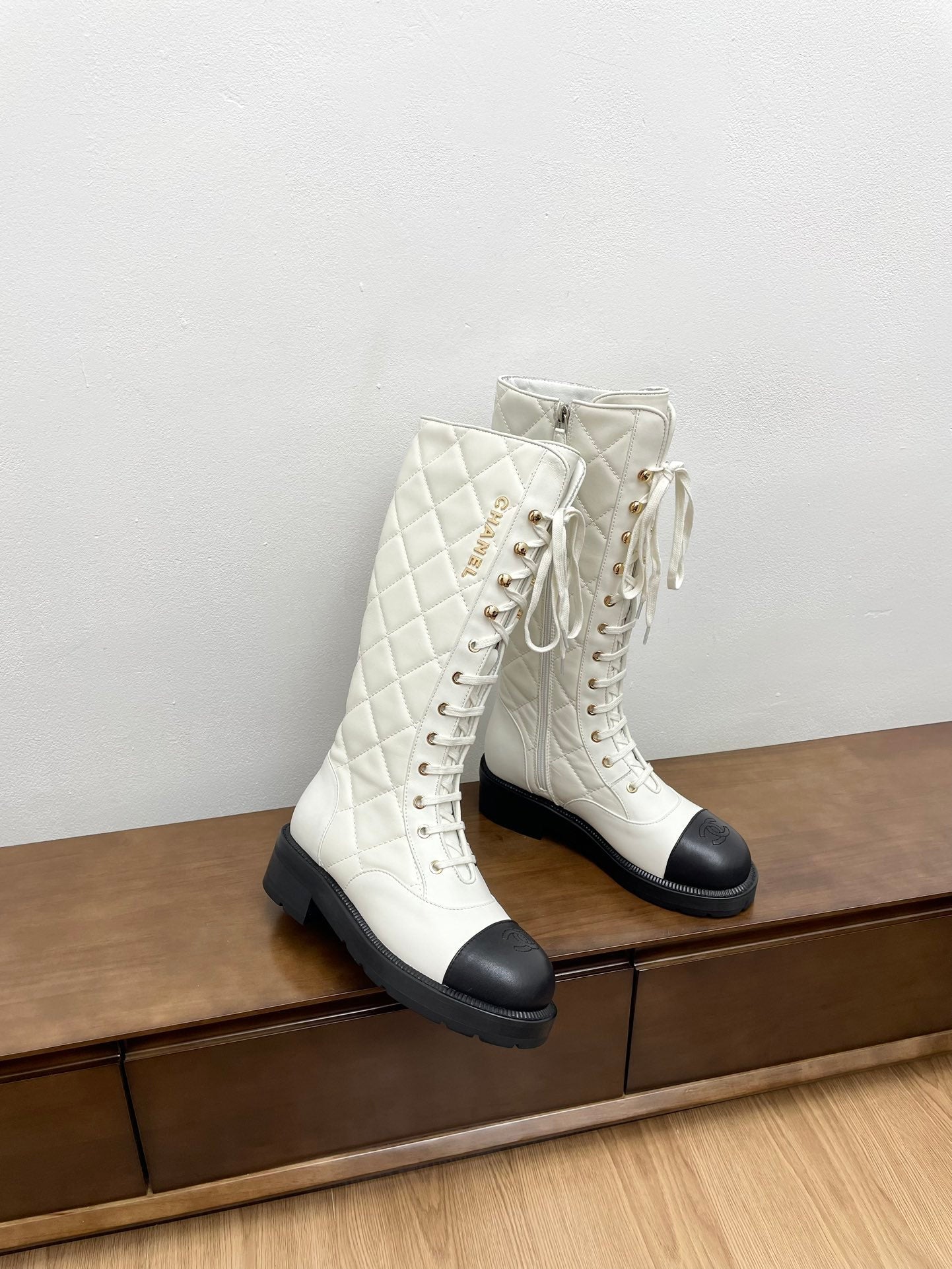 CC High Boots White Quilted Cowhide