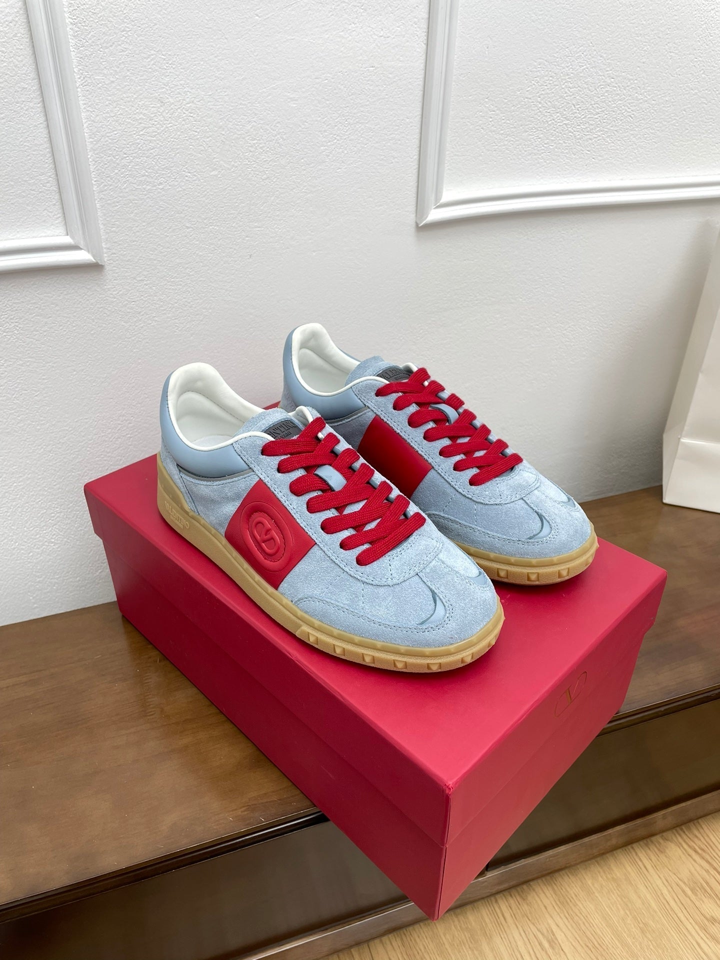 Upvillage Trainer 30mm In Blue Grey Mix Red Suede With Laminated Calfskin 990149