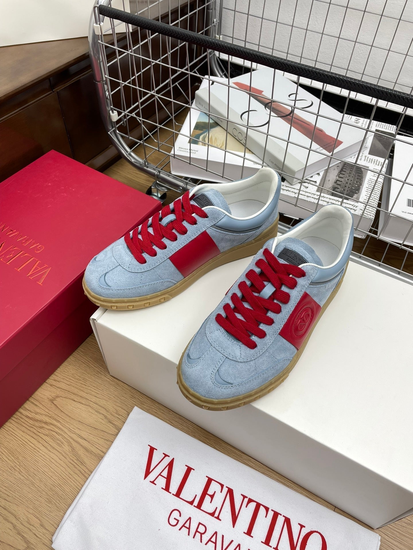 Upvillage Trainer 30mm In Blue Grey Mix Red Suede With Laminated Calfskin 990149