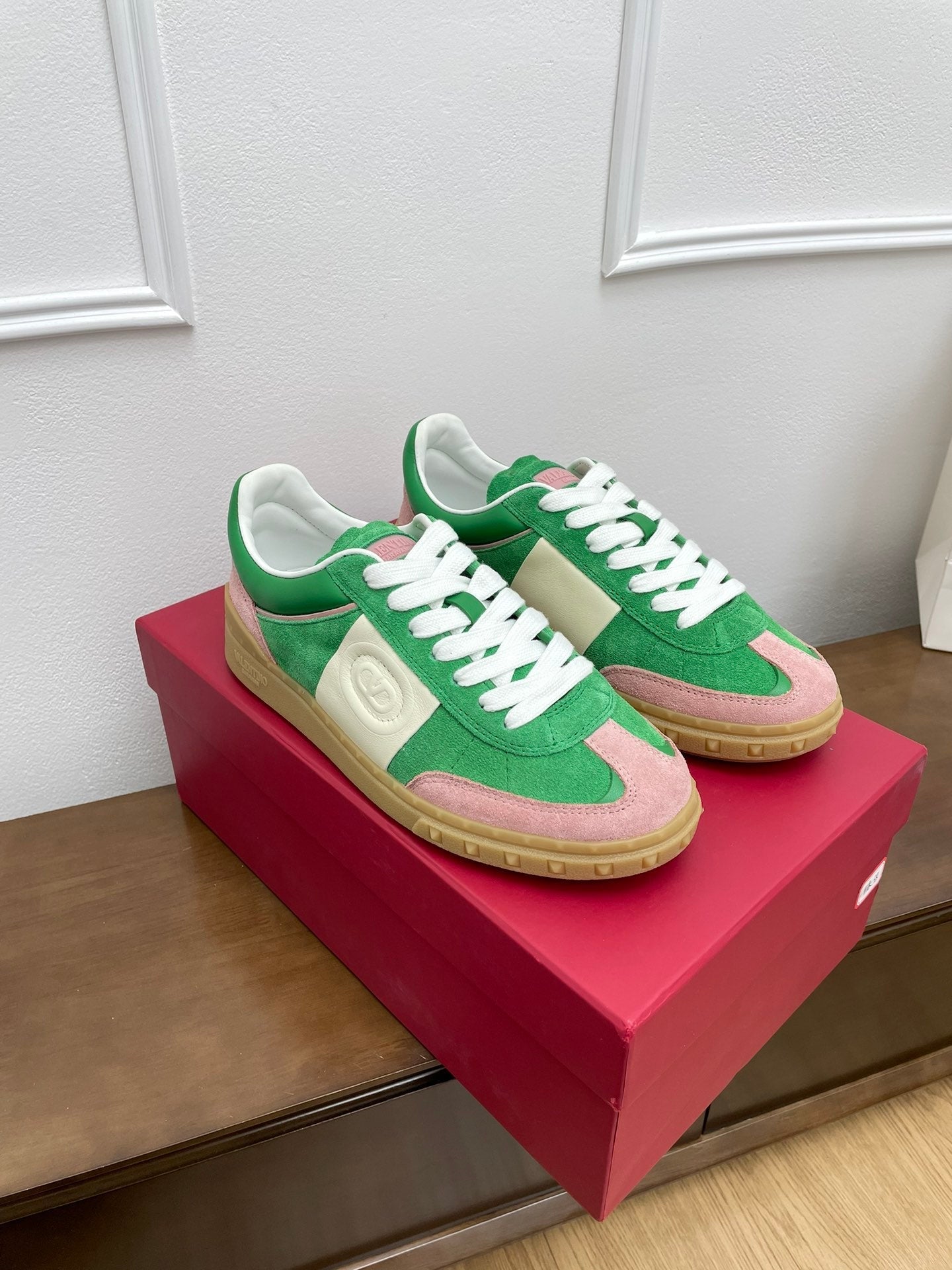 Upvillage Trainer 30mm In Green Mix Light Lotus Pink Suede With Laminated Calfskin 990153