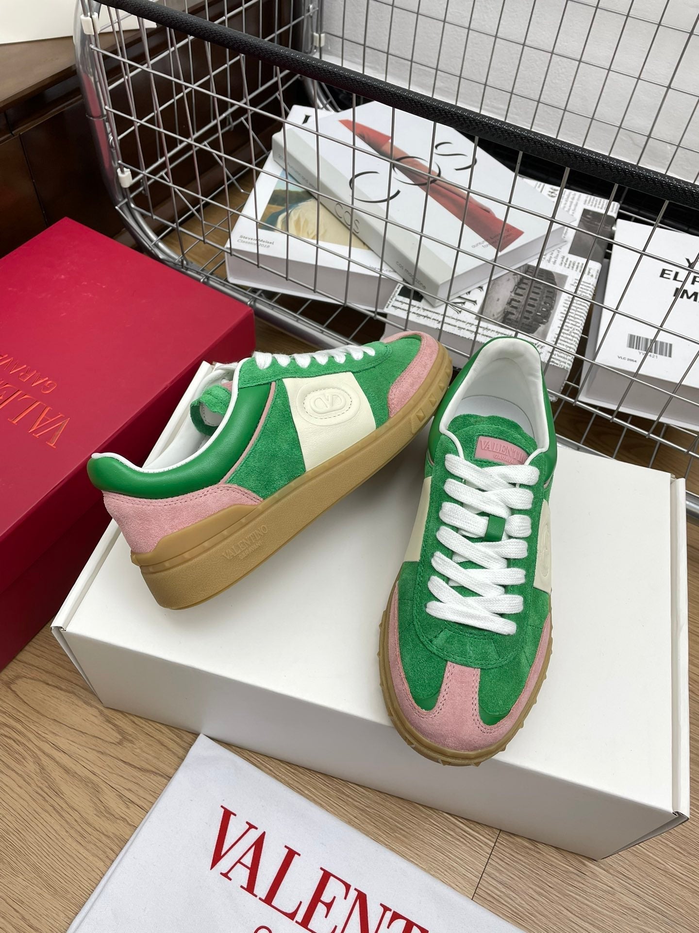 Upvillage Trainer 30mm In Green Mix Light Lotus Pink Suede With Laminated Calfskin 990153