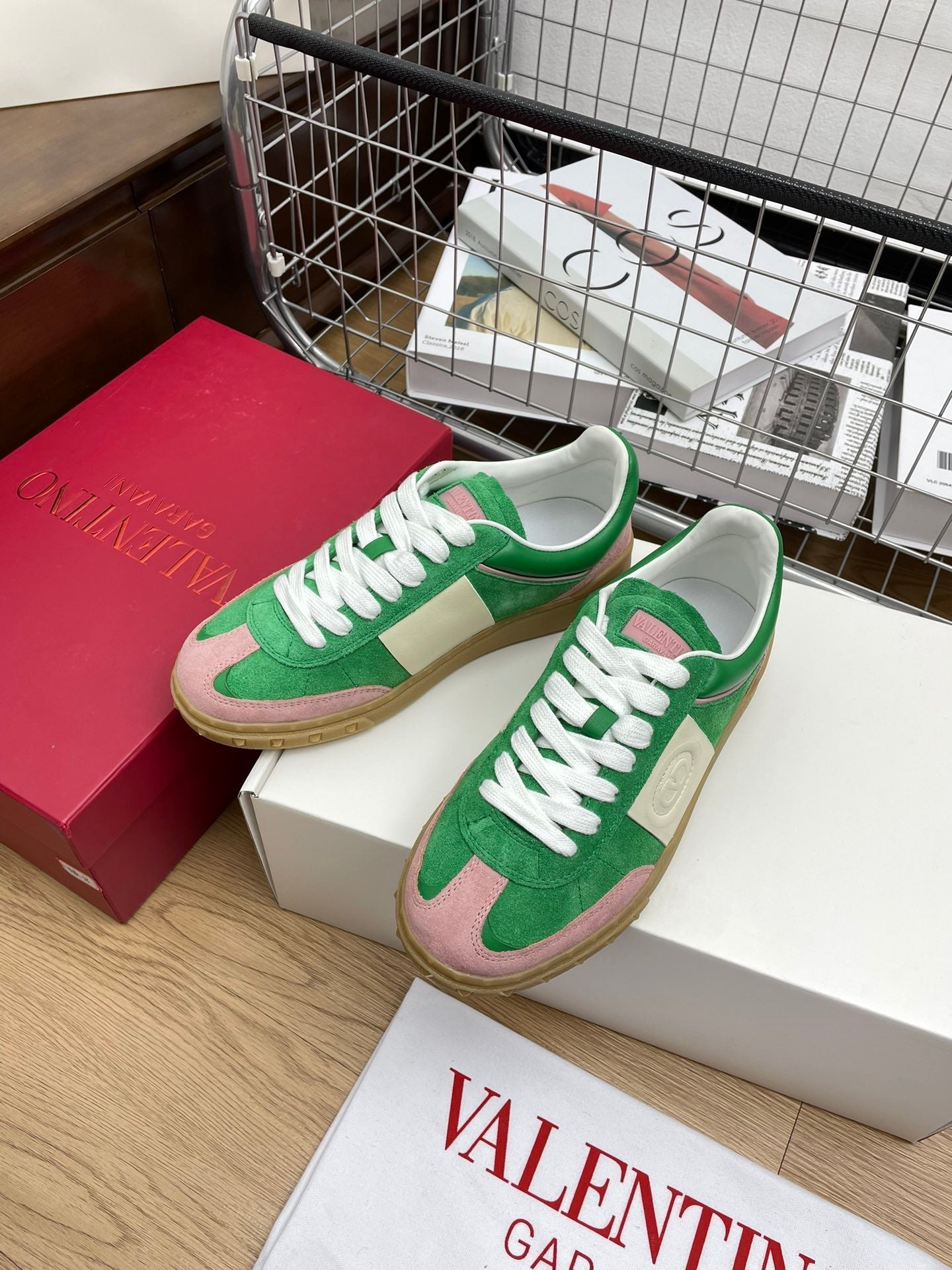 Upvillage Trainer 30mm In Green Mix Light Lotus Pink Suede With Laminated Calfskin 990153