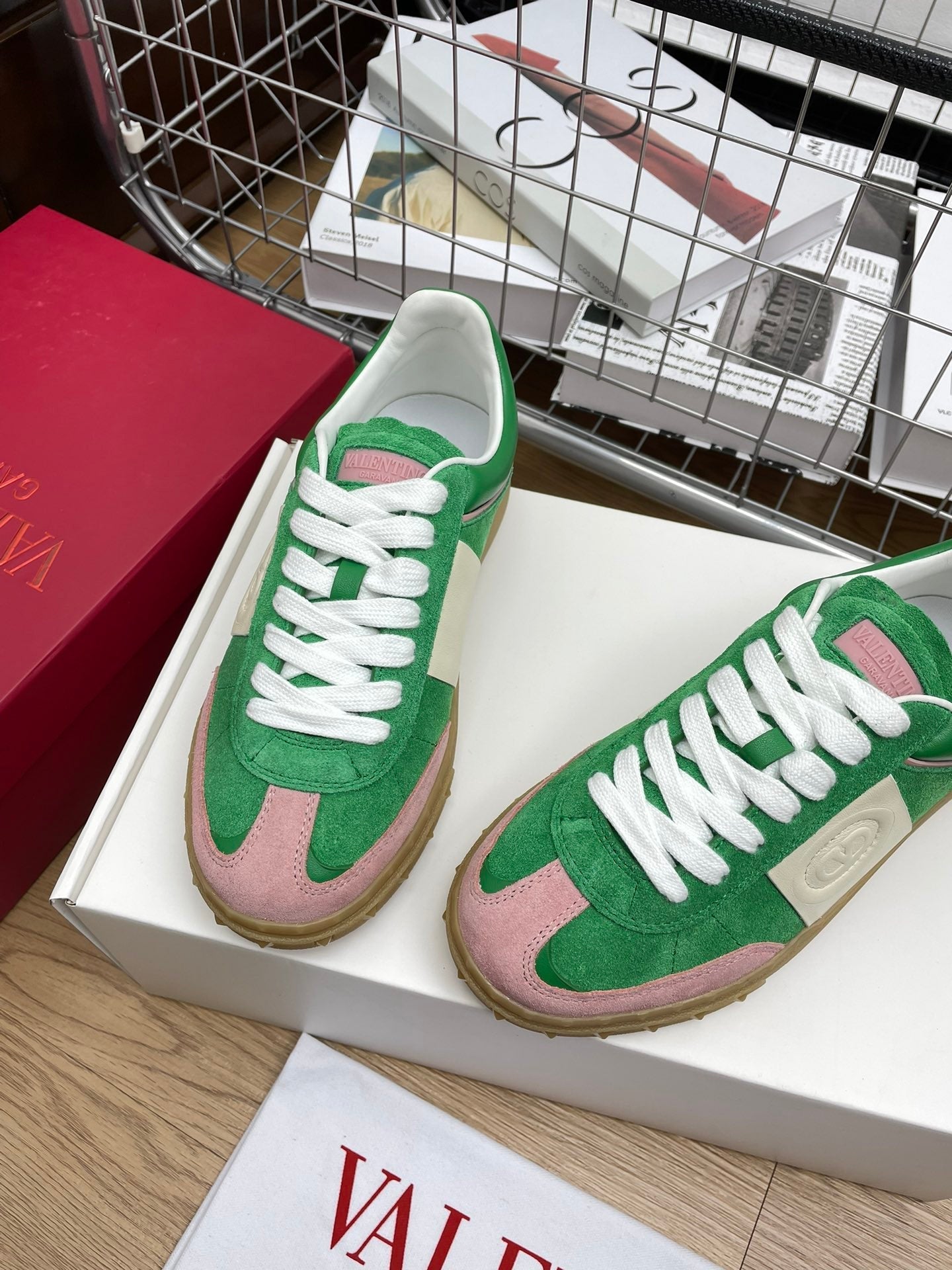 Upvillage Trainer 30mm In Green Mix Light Lotus Pink Suede With Laminated Calfskin 990153