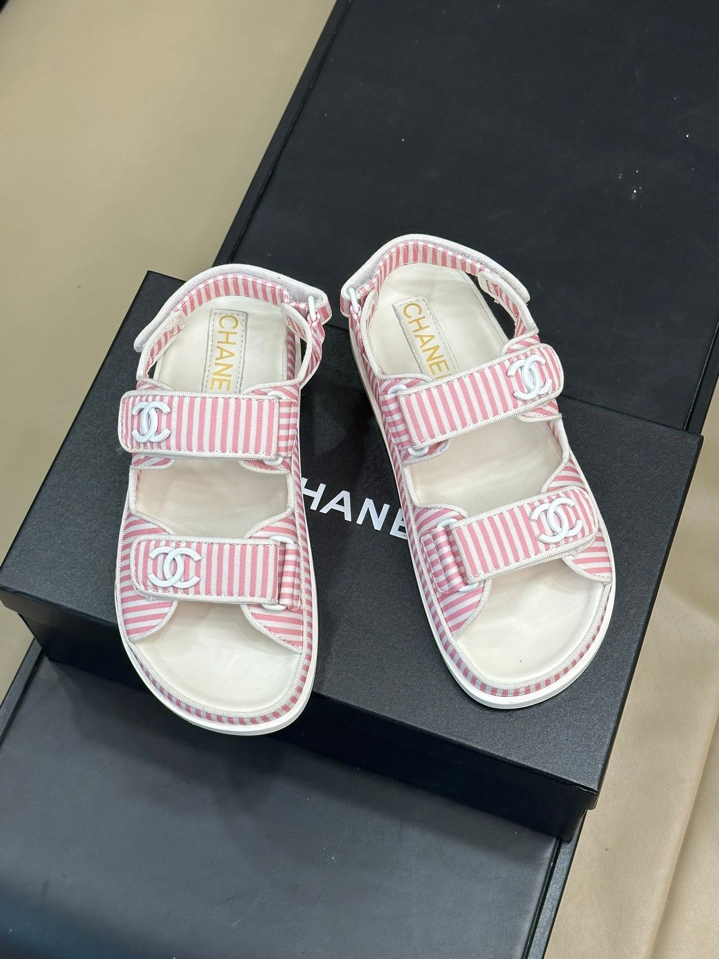 cc dad sandal striped pink white fabric calfksin