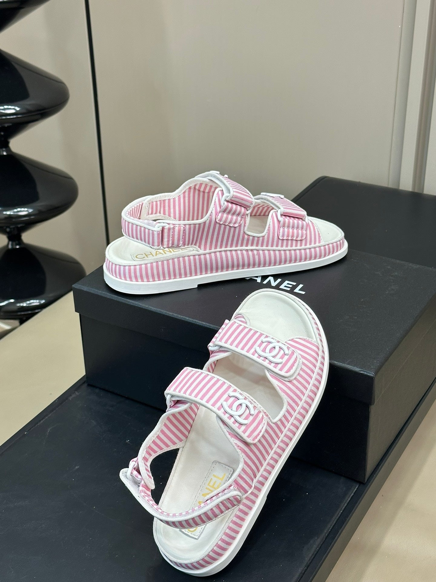 cc dad sandal striped pink white fabric calfksin