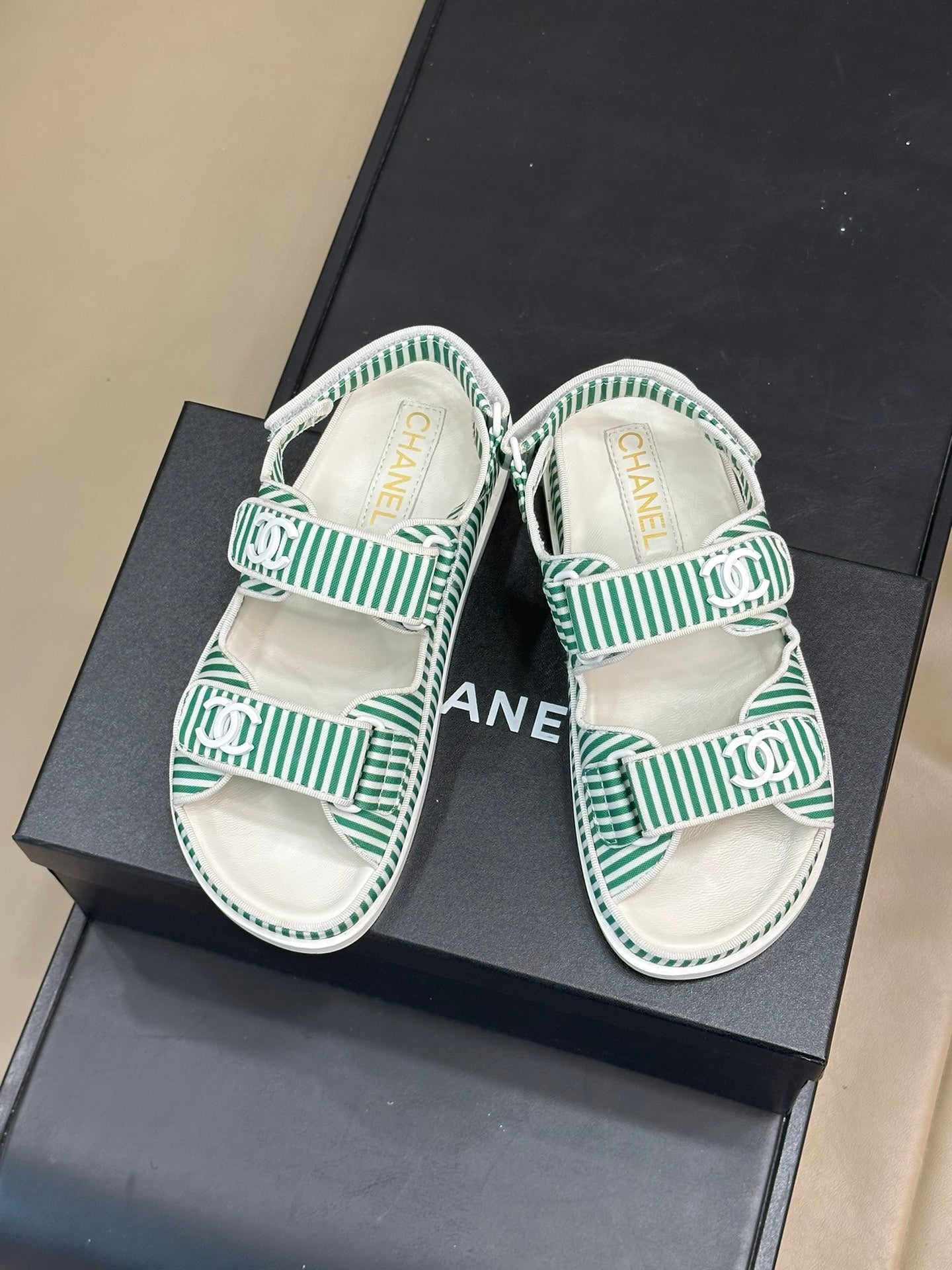 cc dad sandal striped green white fabric calfskin