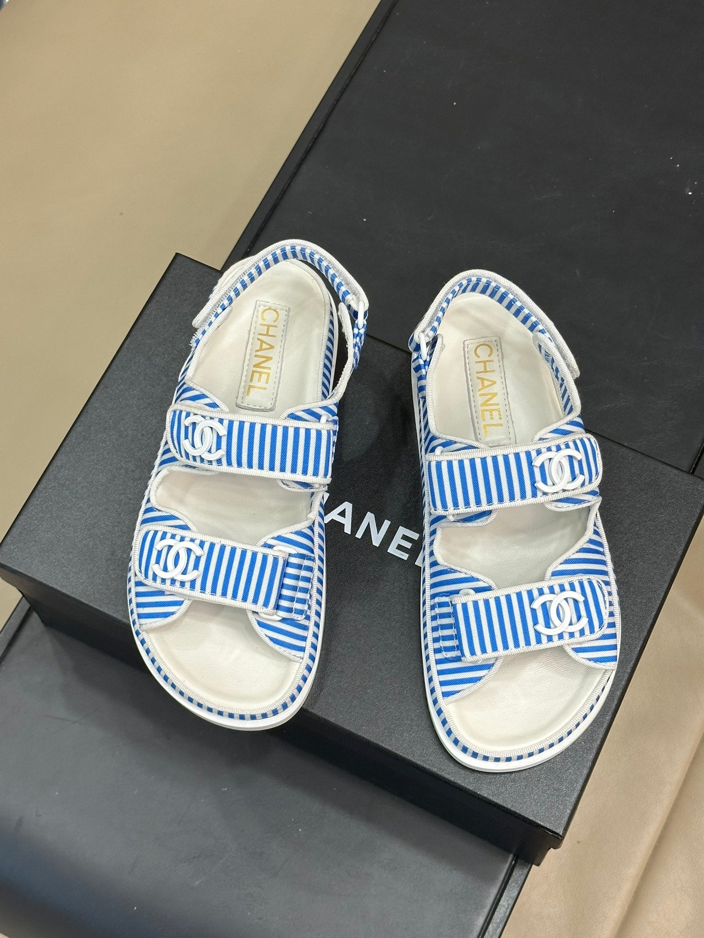 cc dad sandal striped ocean blue white fabric calfskin