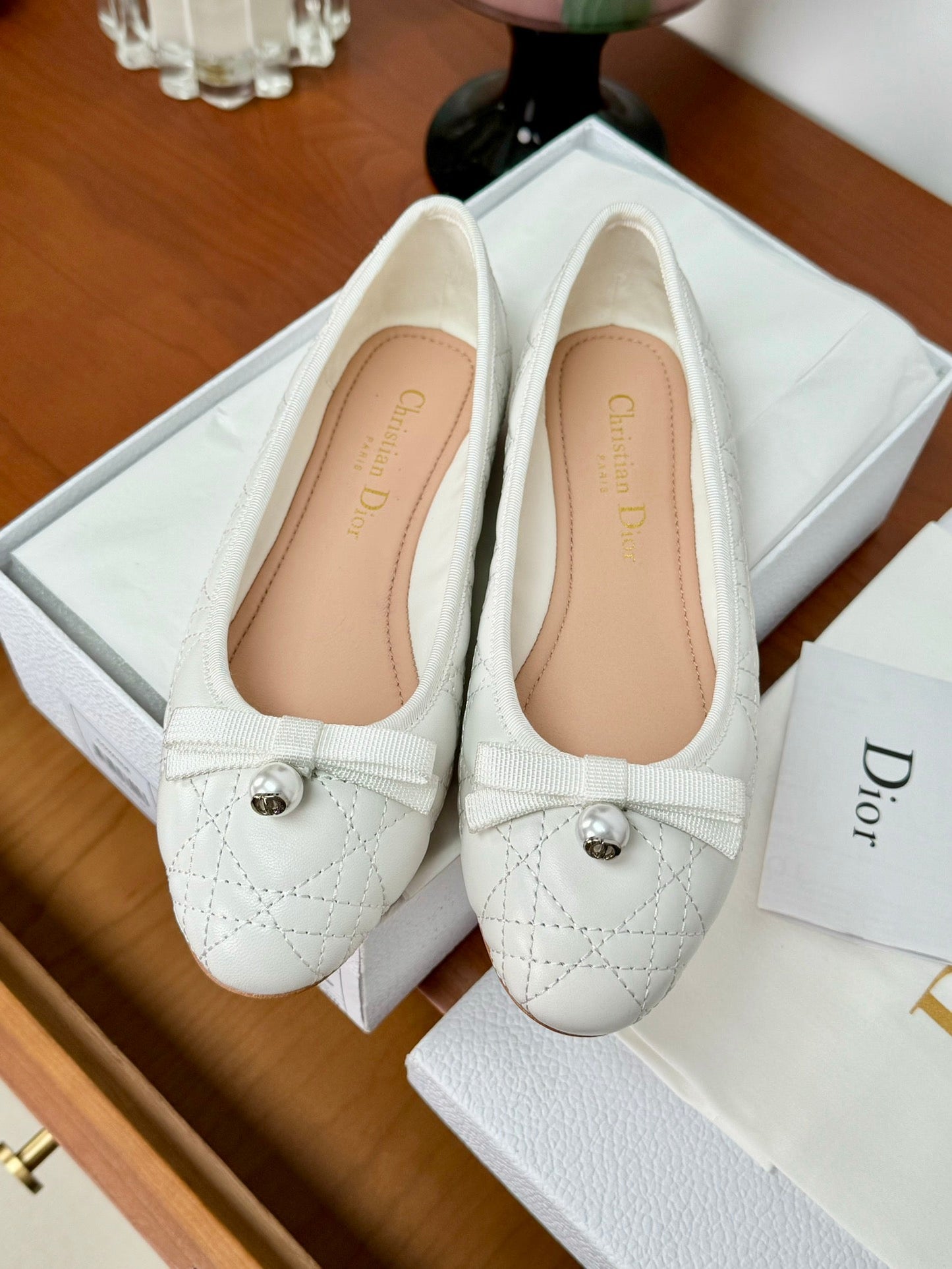 cd ballet flat white lambskin mop front