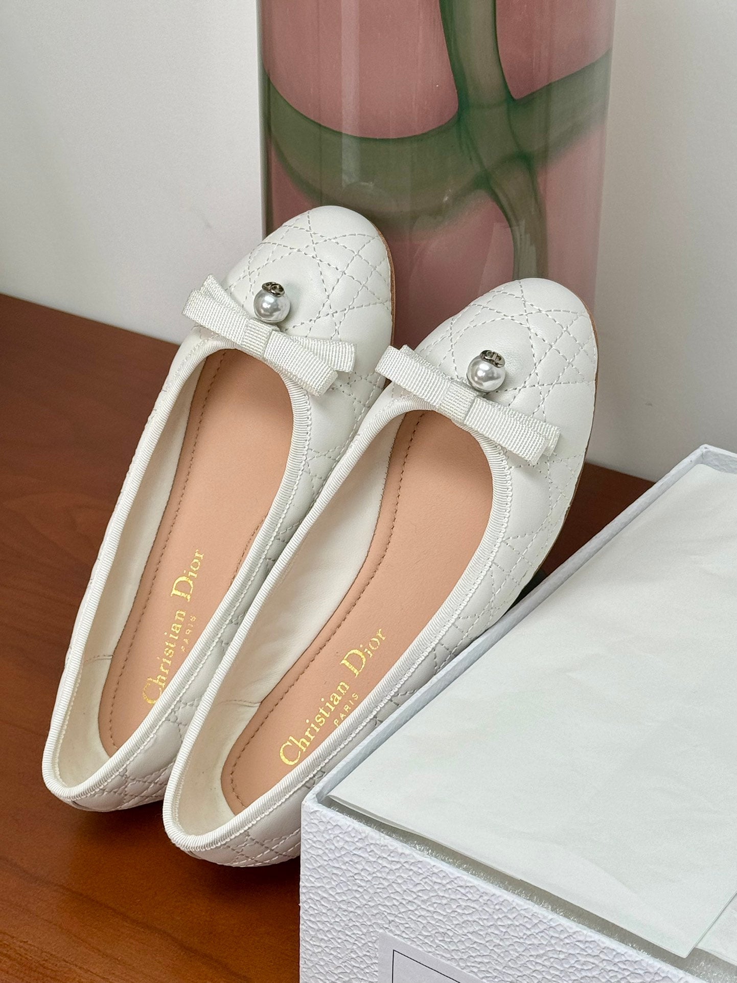 cd ballet flat white lambskin mop front